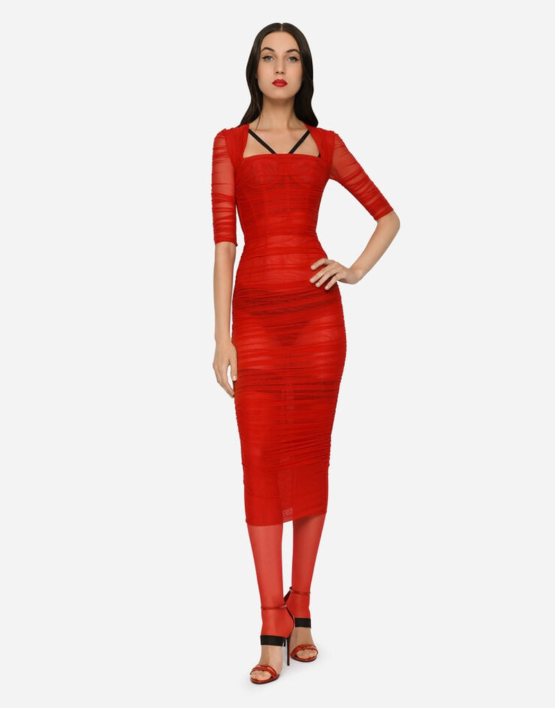 Tulle calf-length dress with draping 4