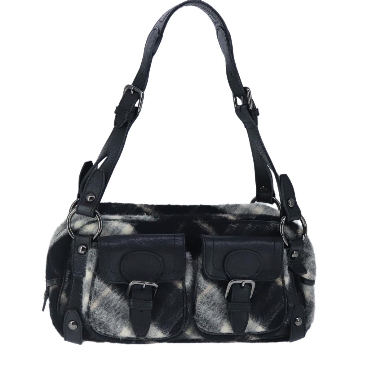 Burberry Nova Check Blue Label Shoulder Bag Wool Leather Black - 13
