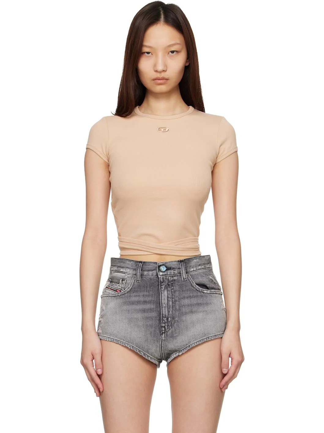 Pink Ribbed Wrap-Around Laces T-shirt - 1