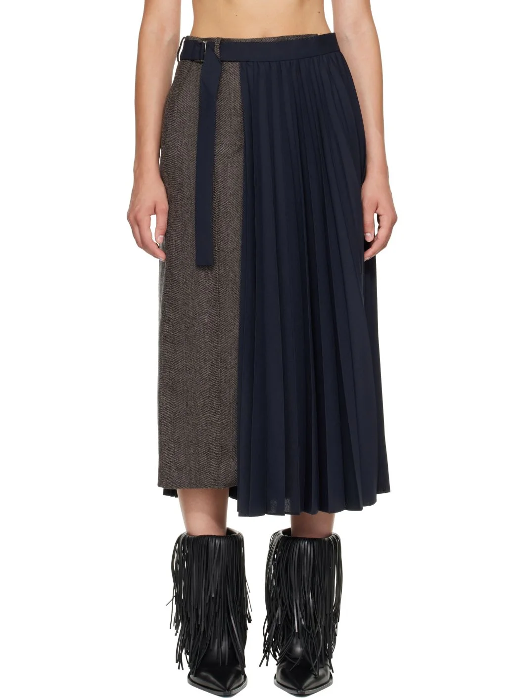Taupe & Navy Herringbone x Suiting Midi Skirt - 1