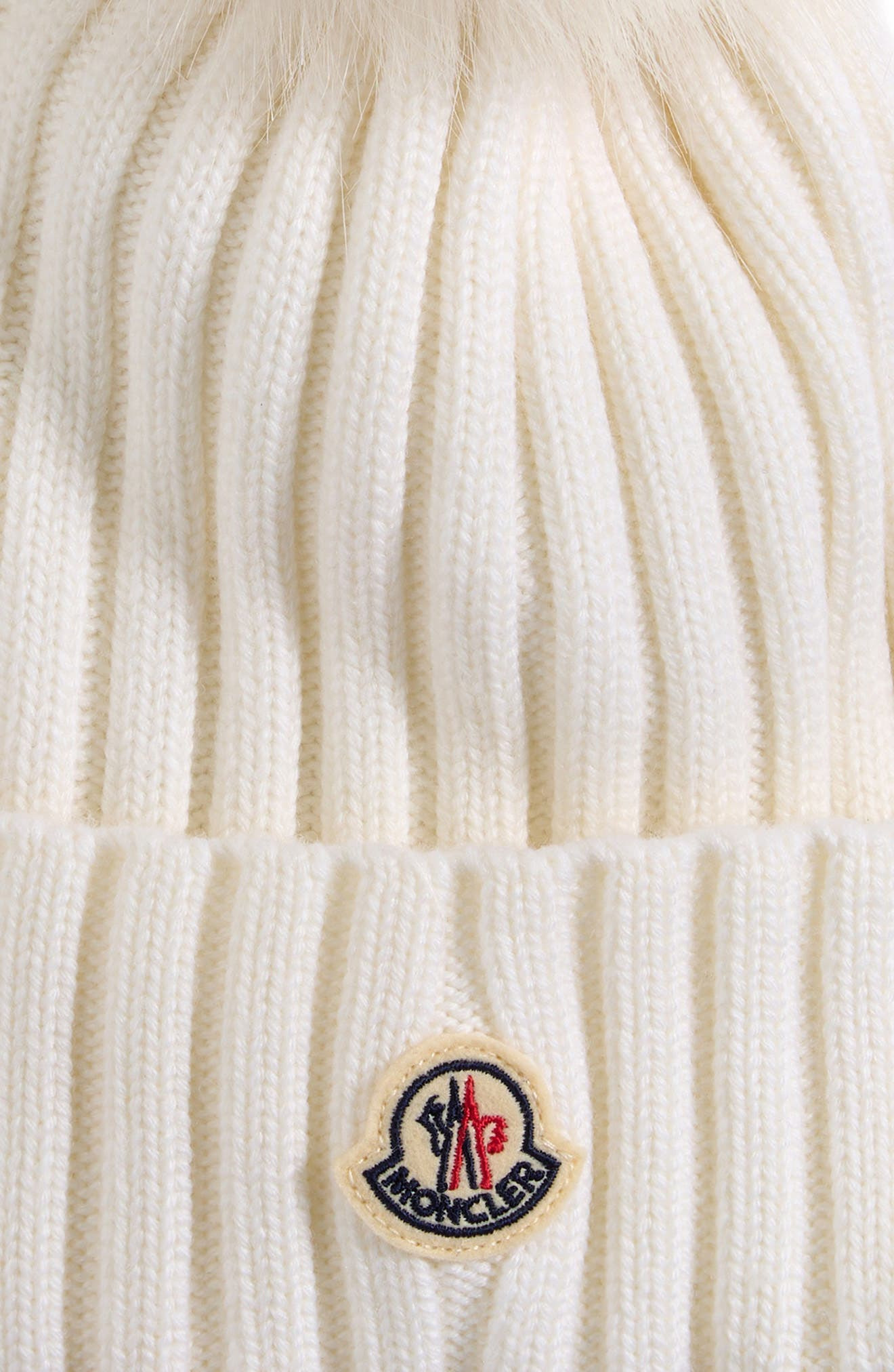 Moncler Virgin Wool Rib Beanie with Faux Fur Pompom in Silk White at Nordstrom - 2