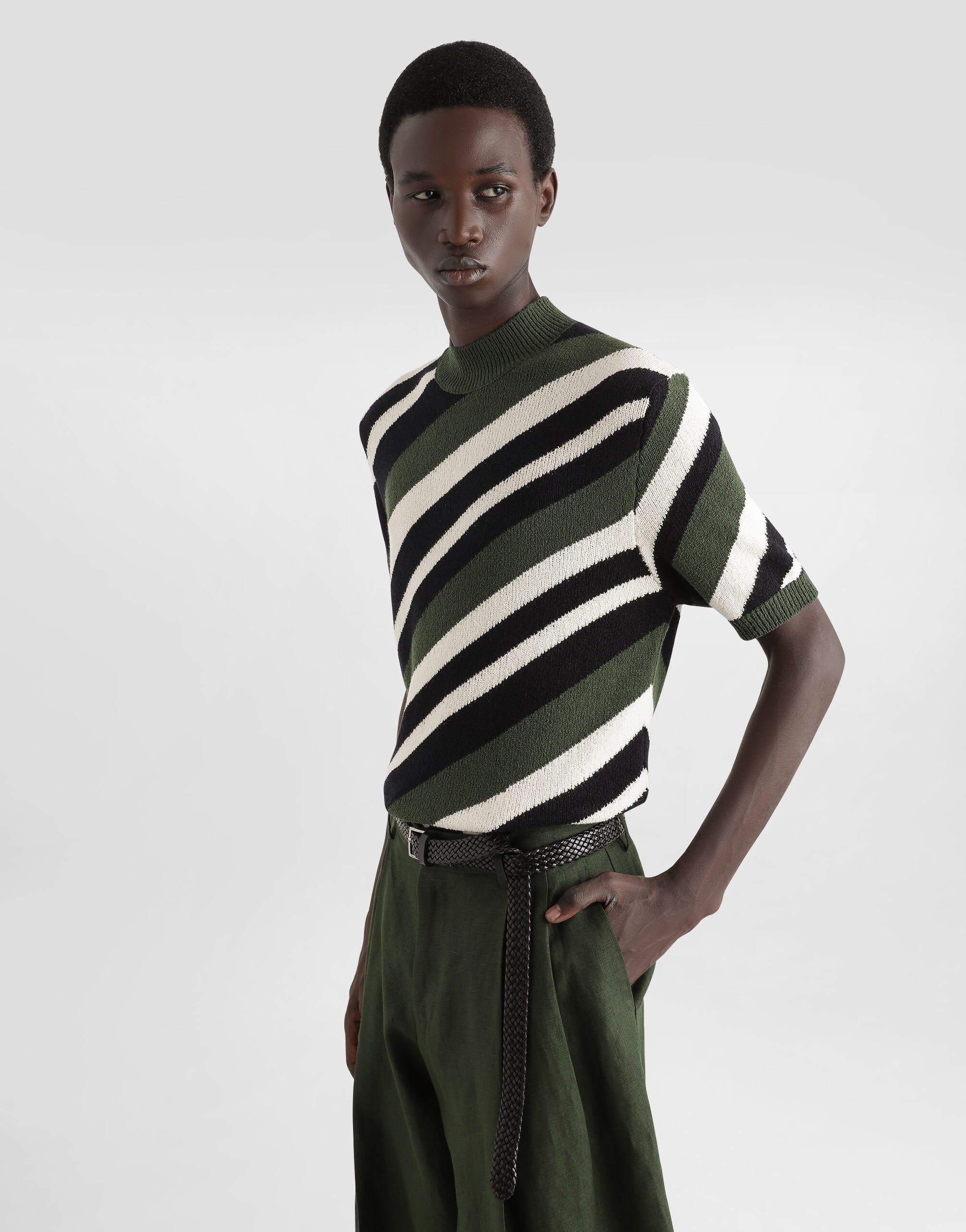 Short-sleeved cotton mock-turtleneck with striped inlay - 4