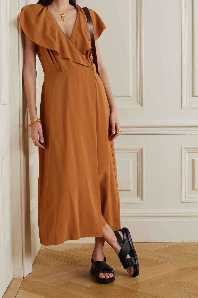 Vince Wrap-effect ruffled woven midi dress outlook