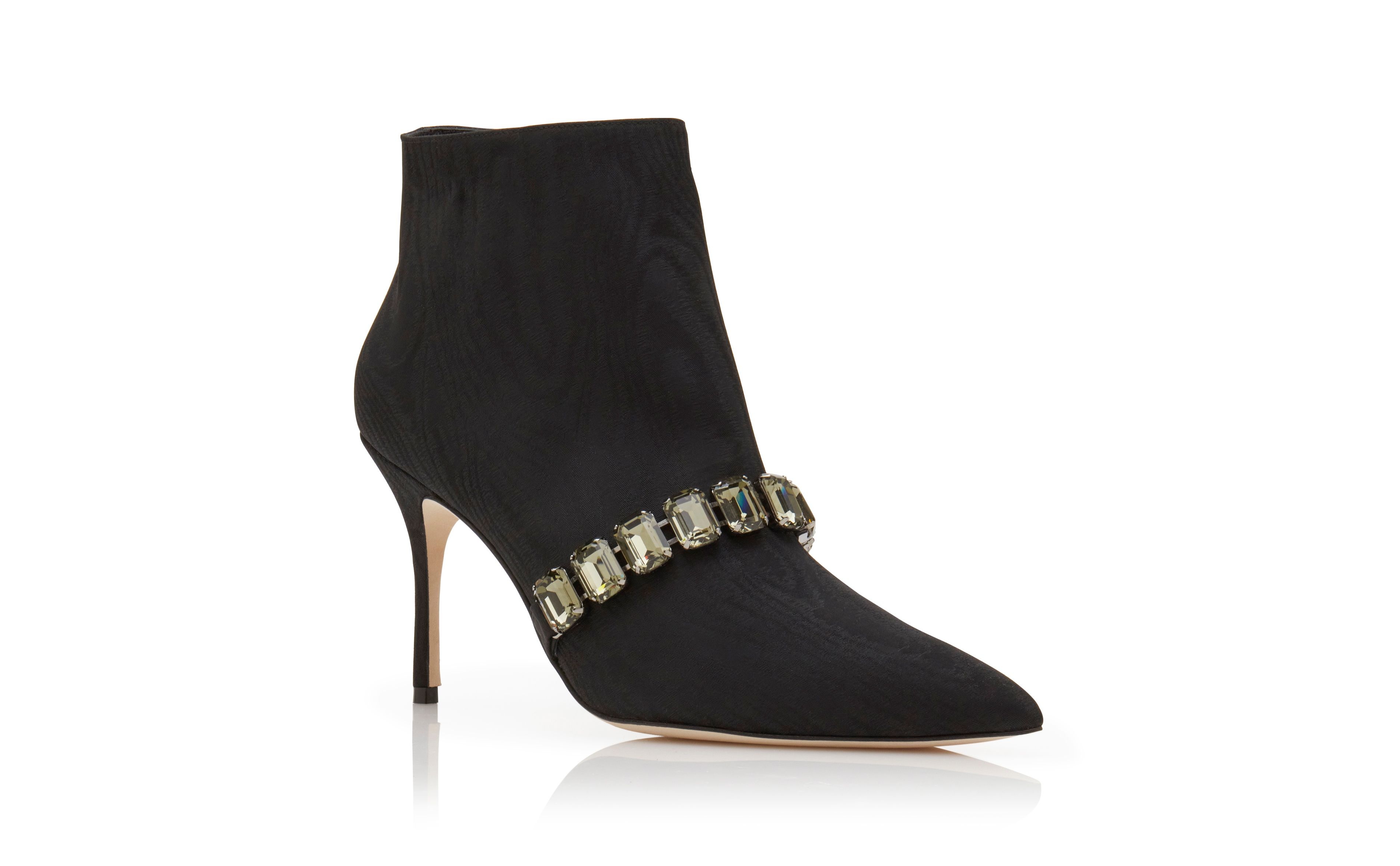 Black Moire Jewel Strap Ankle Boots - 3