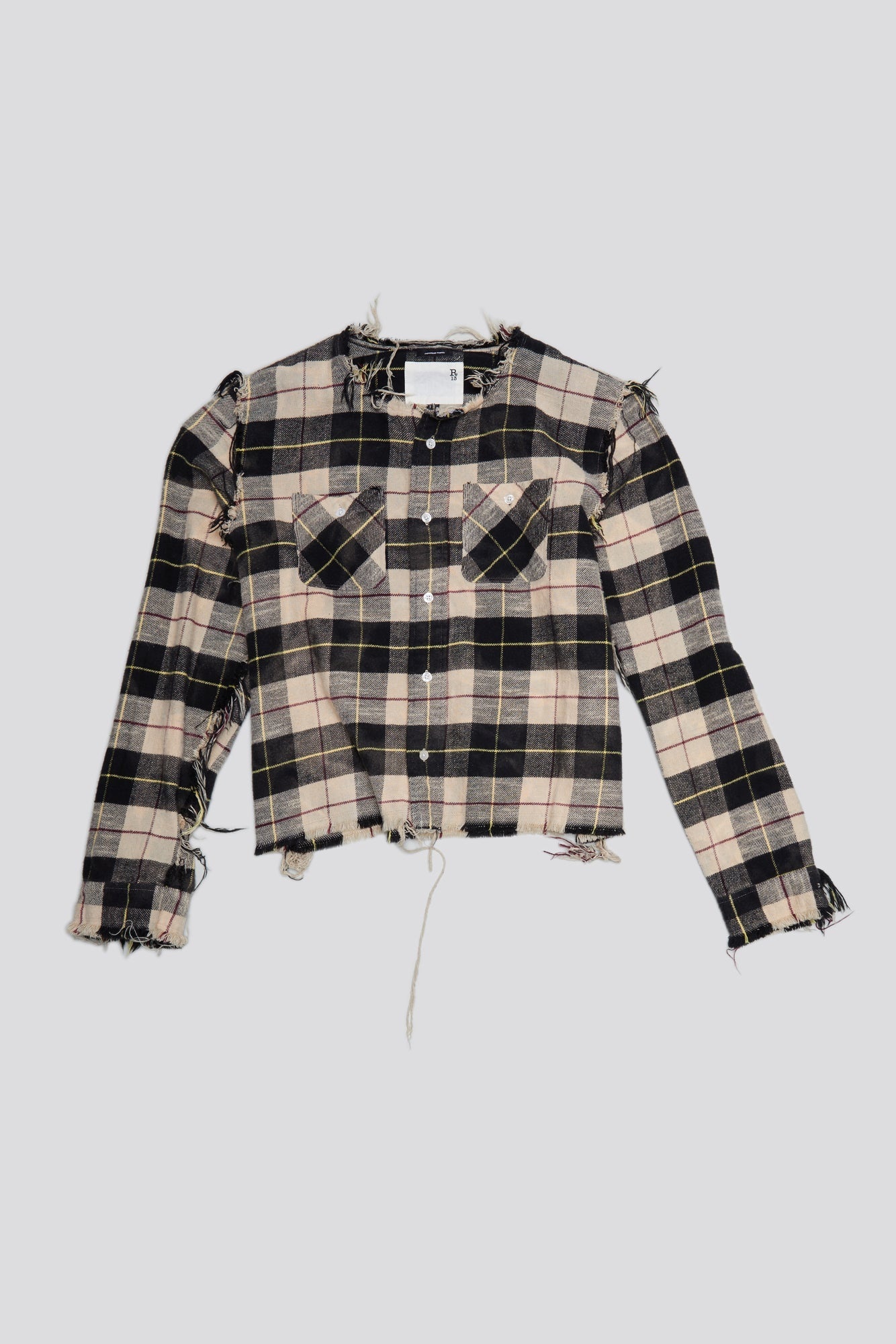 SHREDDED CREWNECK SHIRT - BLEACHED BEIGE PLAID - 1