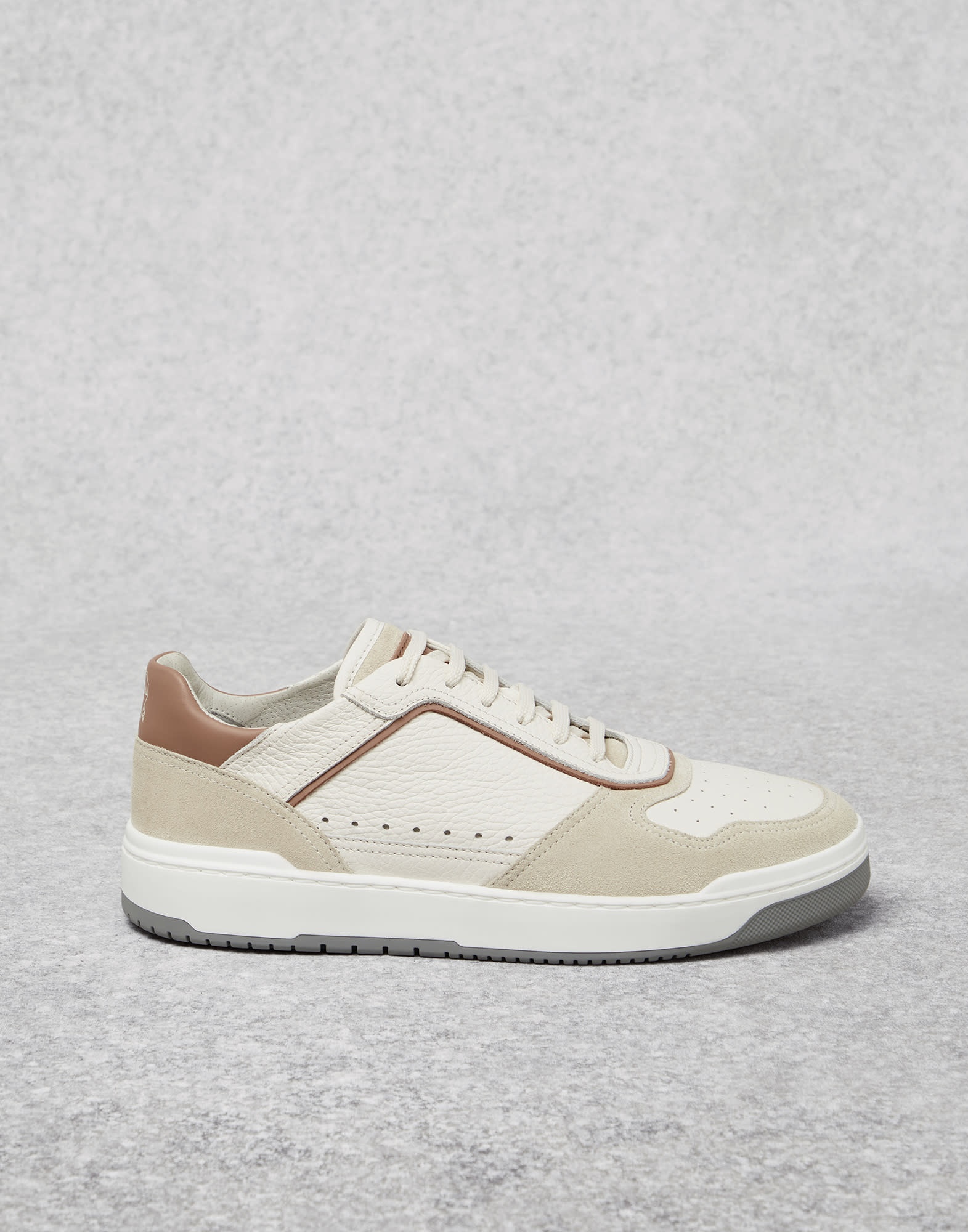 Grained calfskin and washed suede basket sneakers - 5