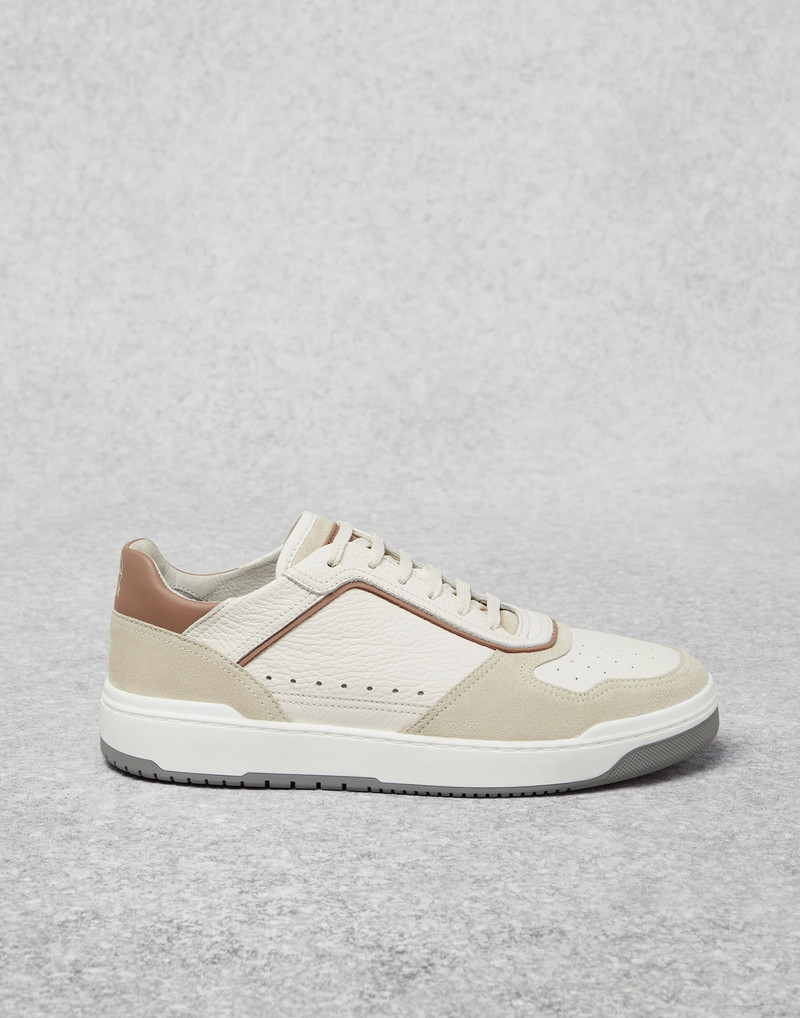 Grained calfskin and washed suede basket sneakers 5