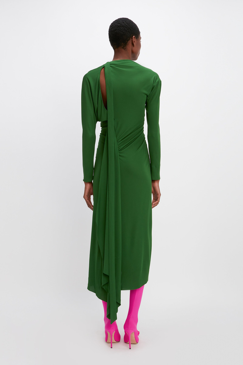 Asymmetric Ruched Midi Dress in Green 4