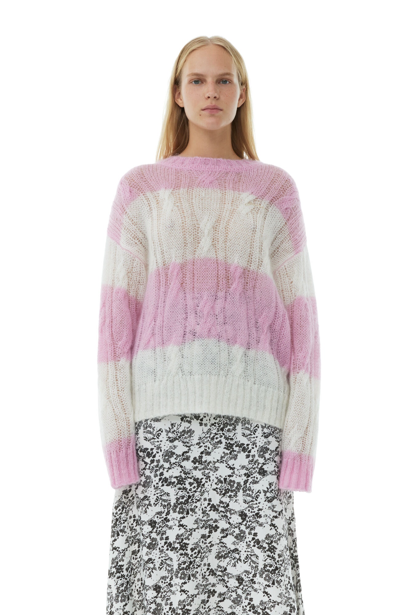 STRIPED MOHAIR CABLE O-NECK SWEATER - 6