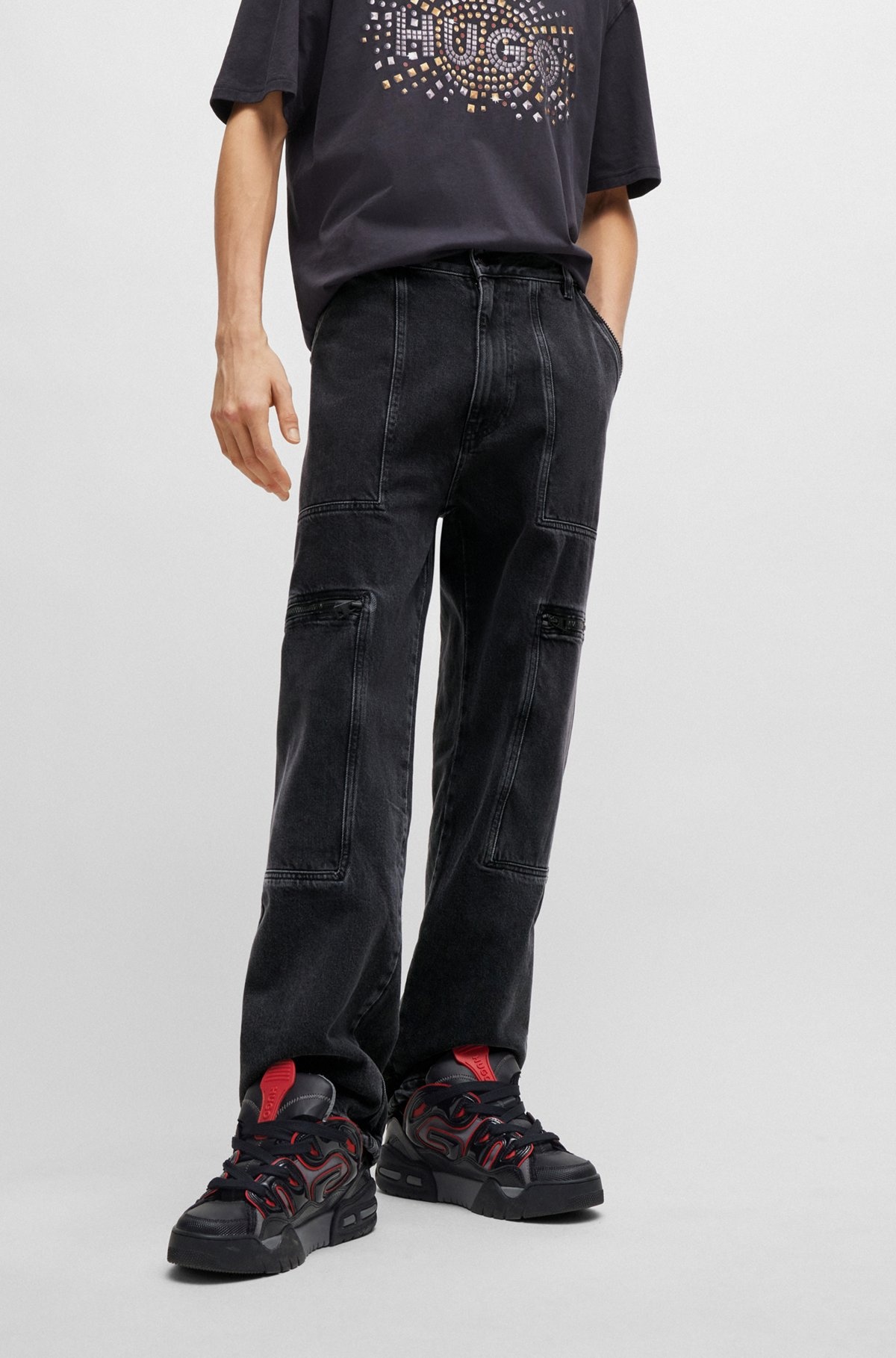 LOOSE-FIT JEANS IN BLACK DENIM WITH ADJUSTABLE HEMS - 2
