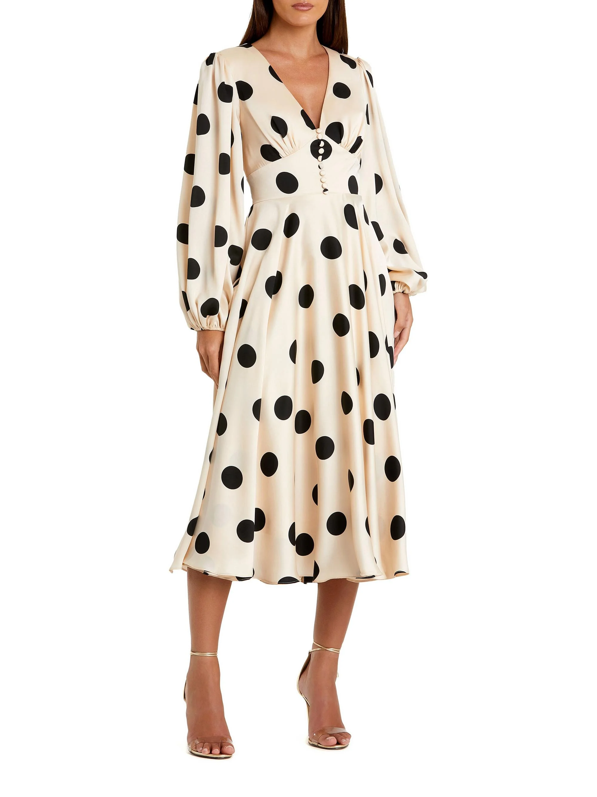 Women's Ieena 2 Polka Dot Satin V-Neck Midi-Dress - Cream Black - 1