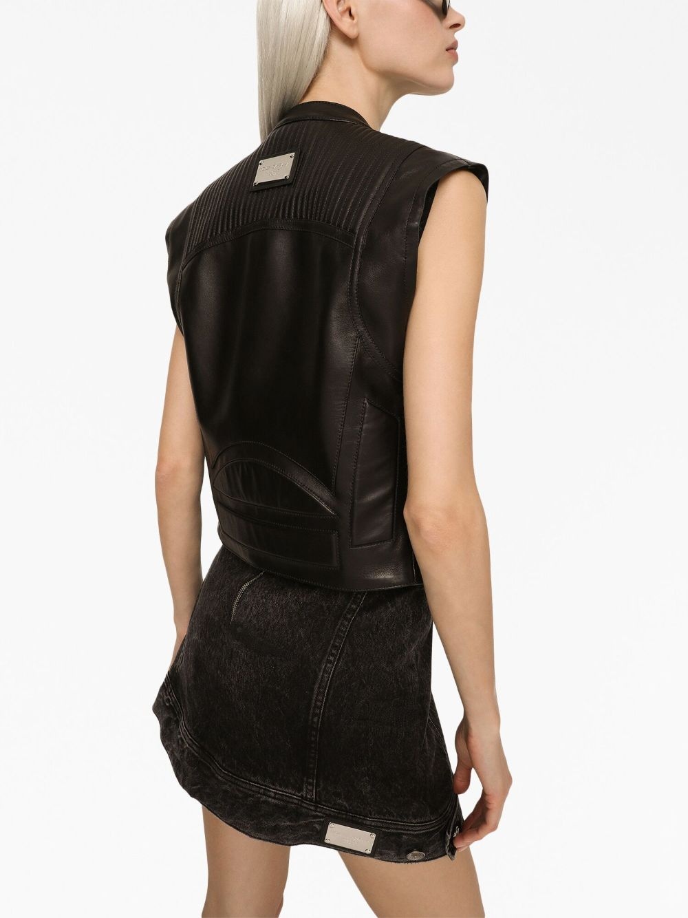 logo-plaque leather waistcoat - 6