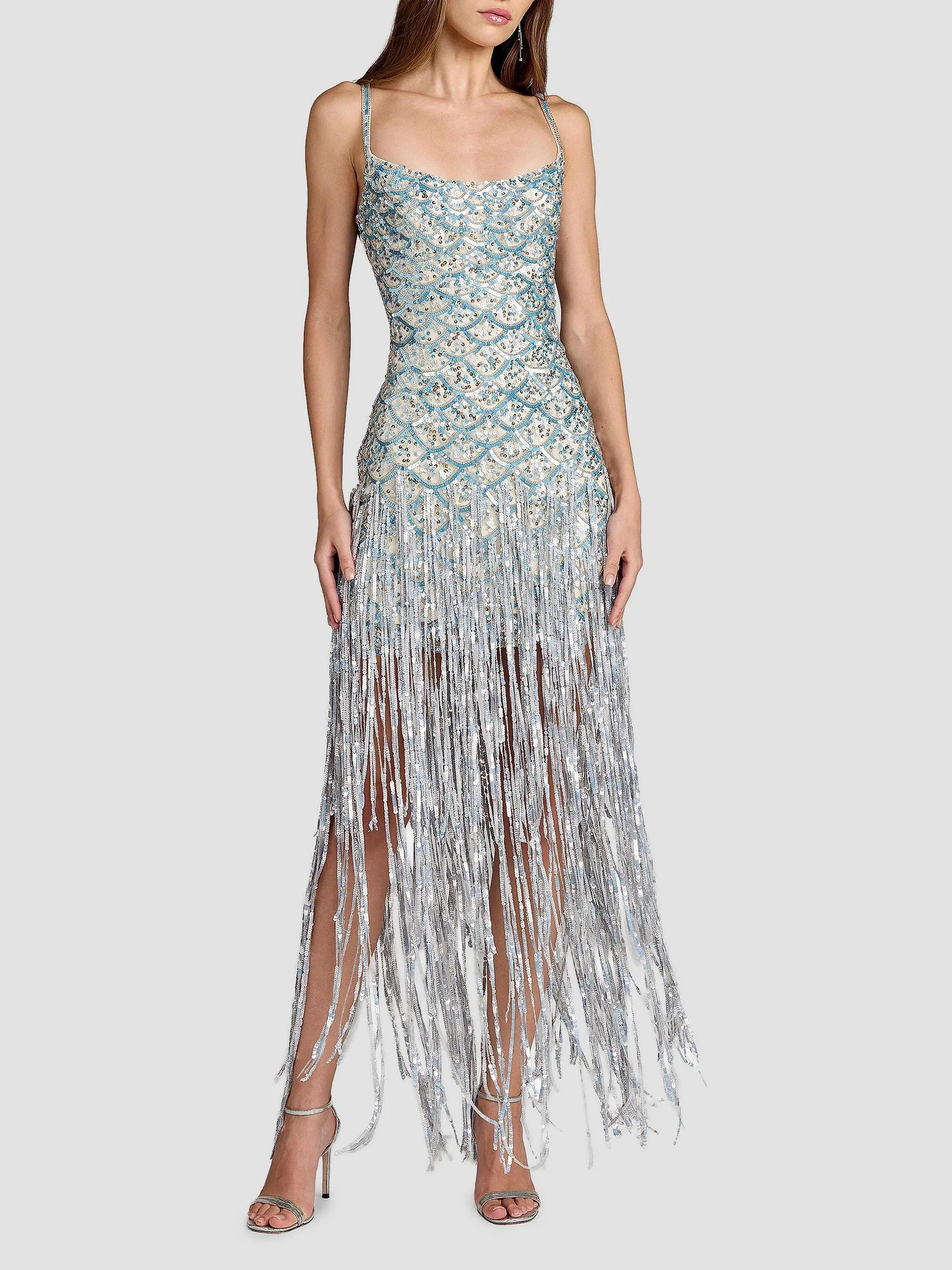 Women's Sequined Fringe Mesh Gown - Beige Silver - 1