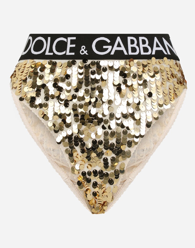 Sequined high-waisted briefs with branded elastic - 1