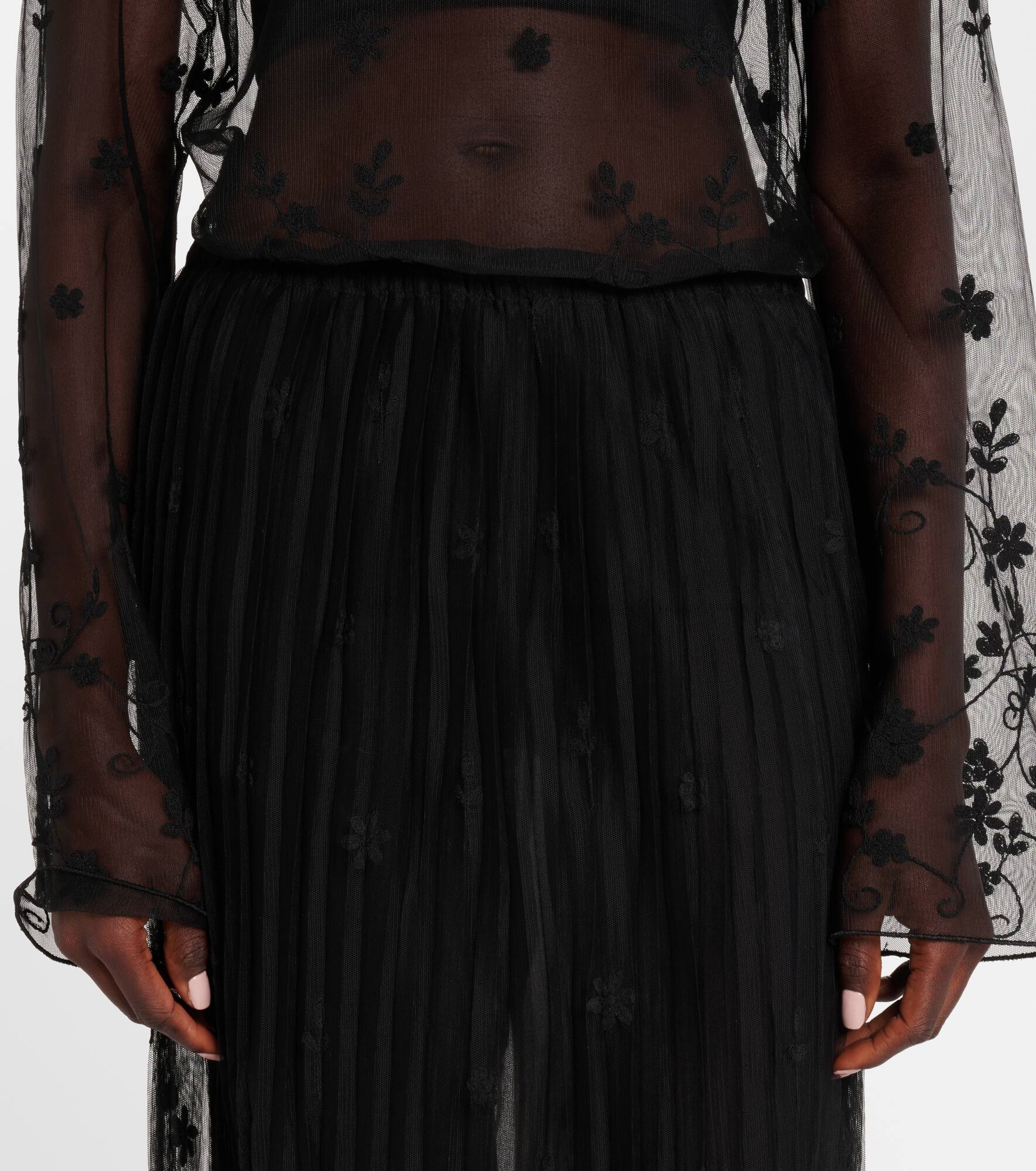 Embroidered plissé tulle midi skirt - 4