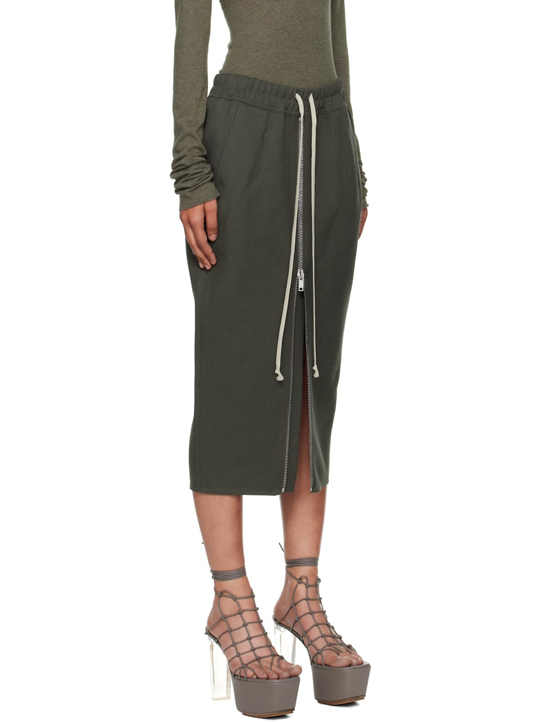 Khaki Concordians Zipped Short Pillar Midi Skirt - 2