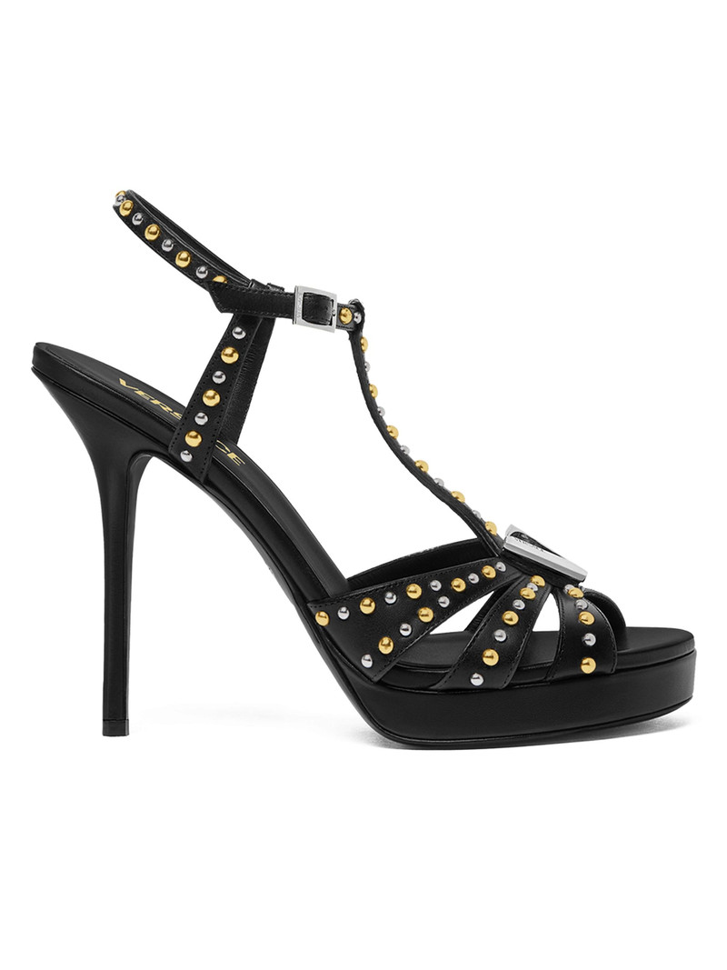 Women's 120MM Studded Leather Sandals - Black Versace Gold Palladium 1