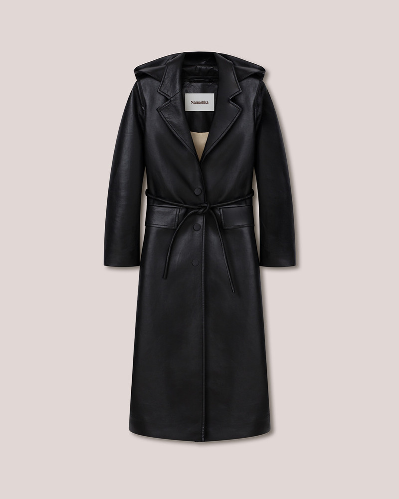 KENNA - Regenerated leather hooded coat - Black 1