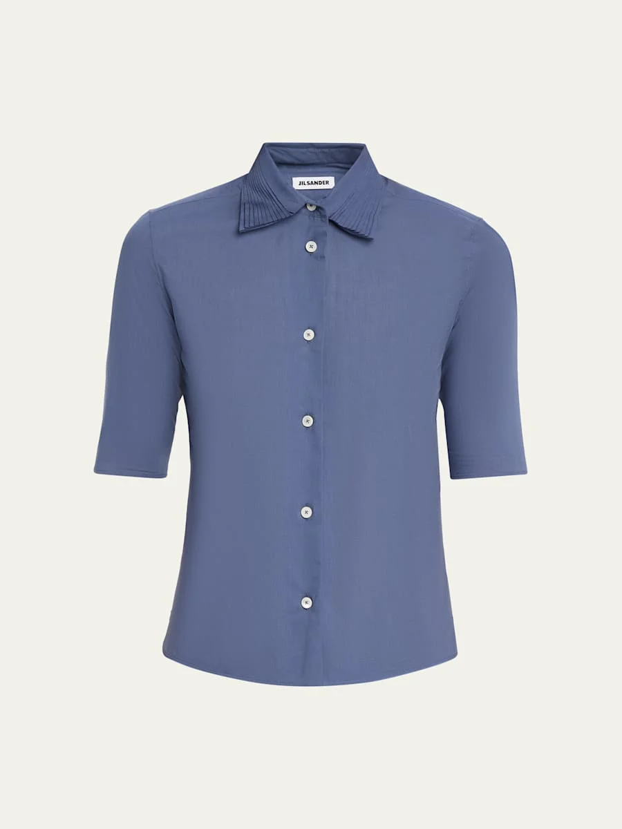 Layered Collar Short-Sleeve Cotton Button-Down Shirt - 1