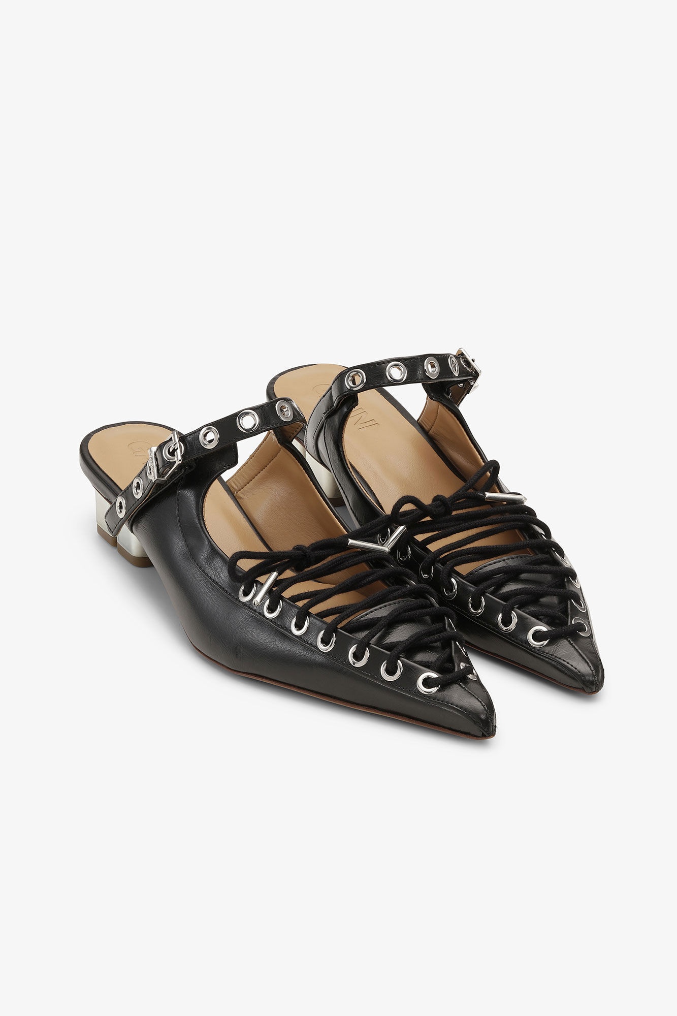 BLACK OLEATEX LACE-UP MULES - 3