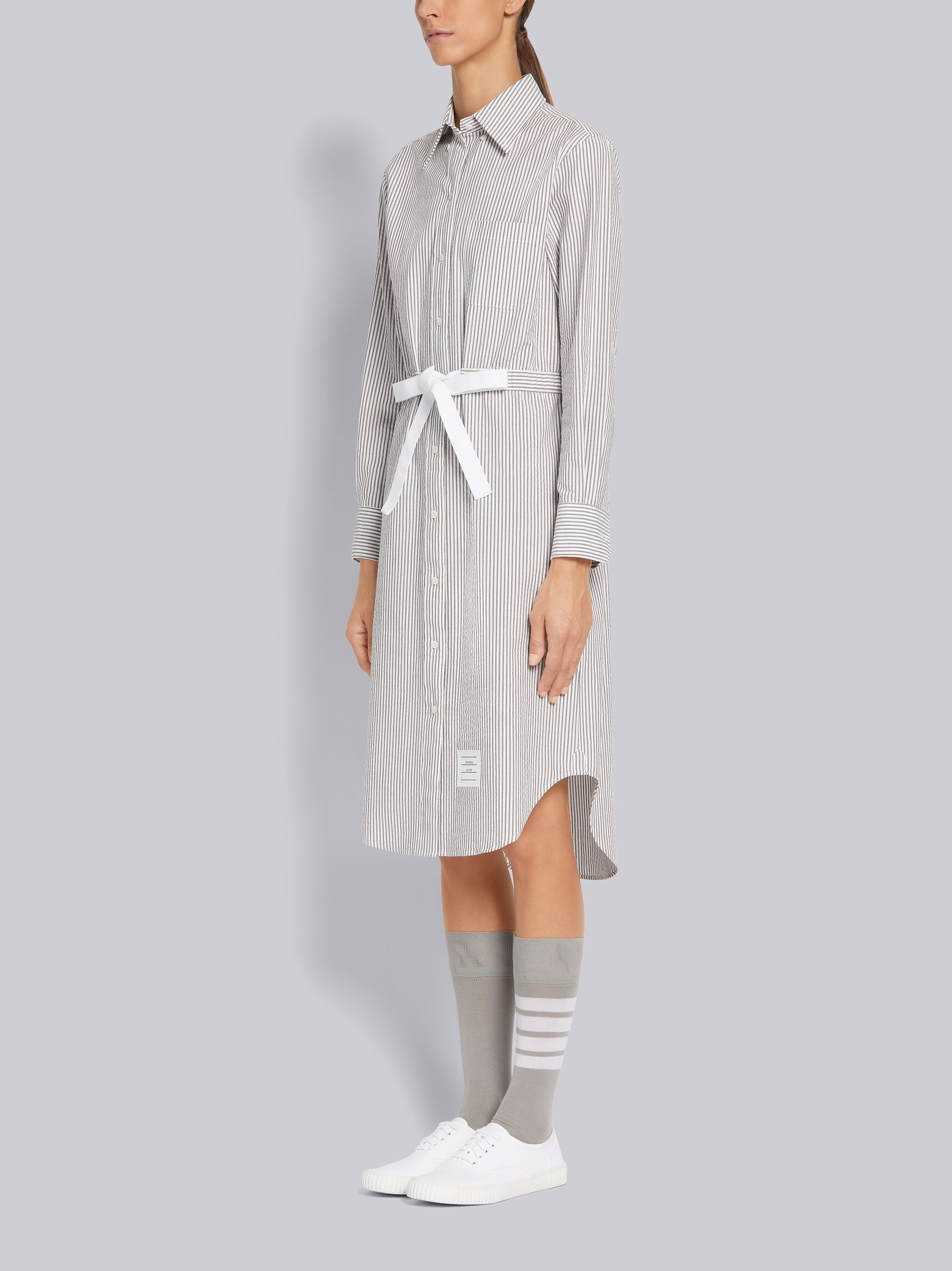 Medium Grey Cotton Seersucker Grosgrain Belt Long Sleeve Below the Knee Shirtdress - 2