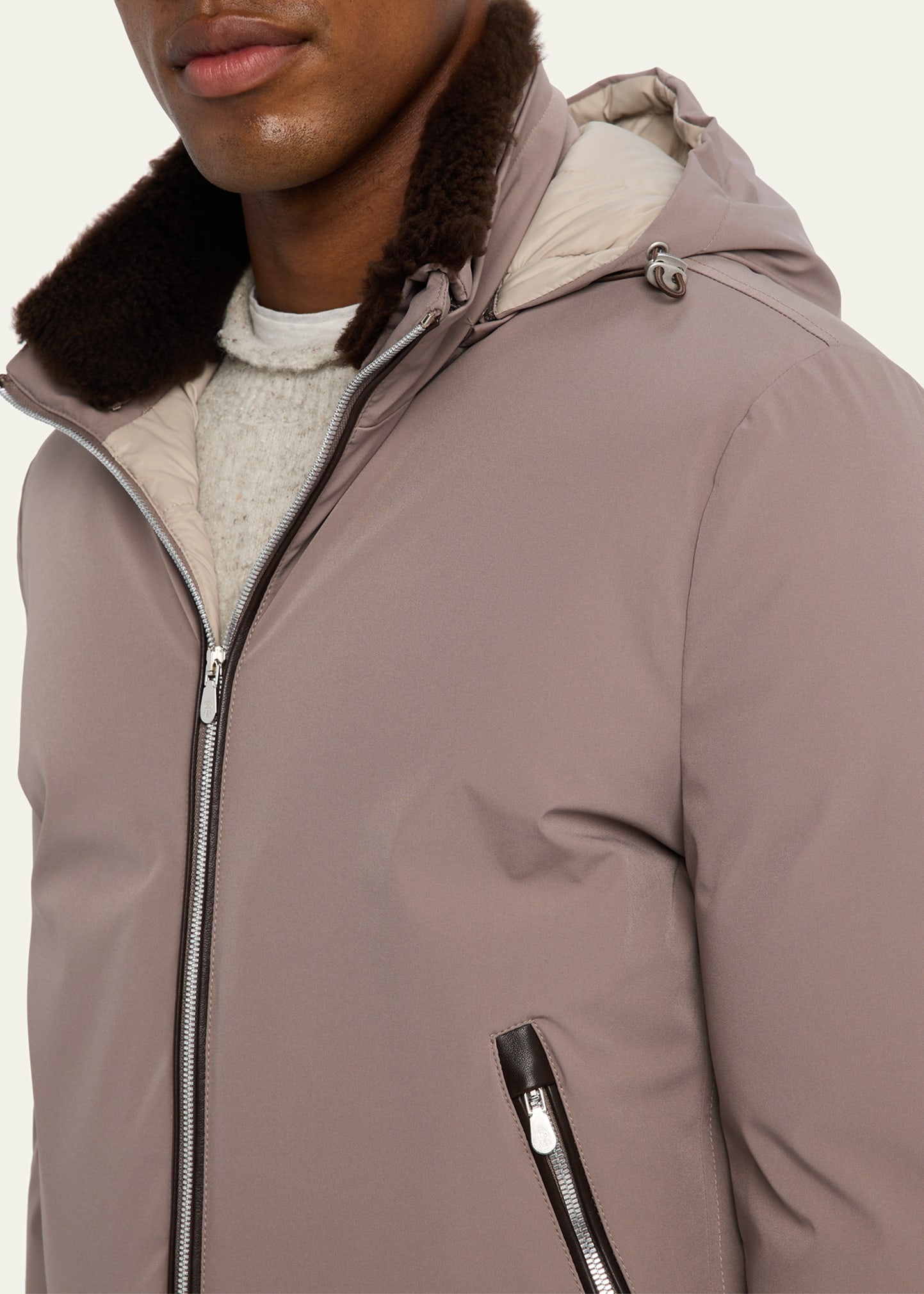 Men's Full-Zip Nylon and Shearling Jacket with Detachable Hood - 5