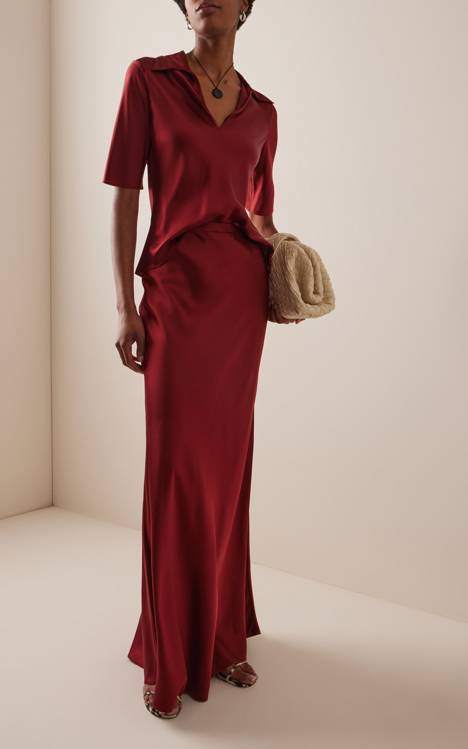 Silk Satin Polo Top red - 3