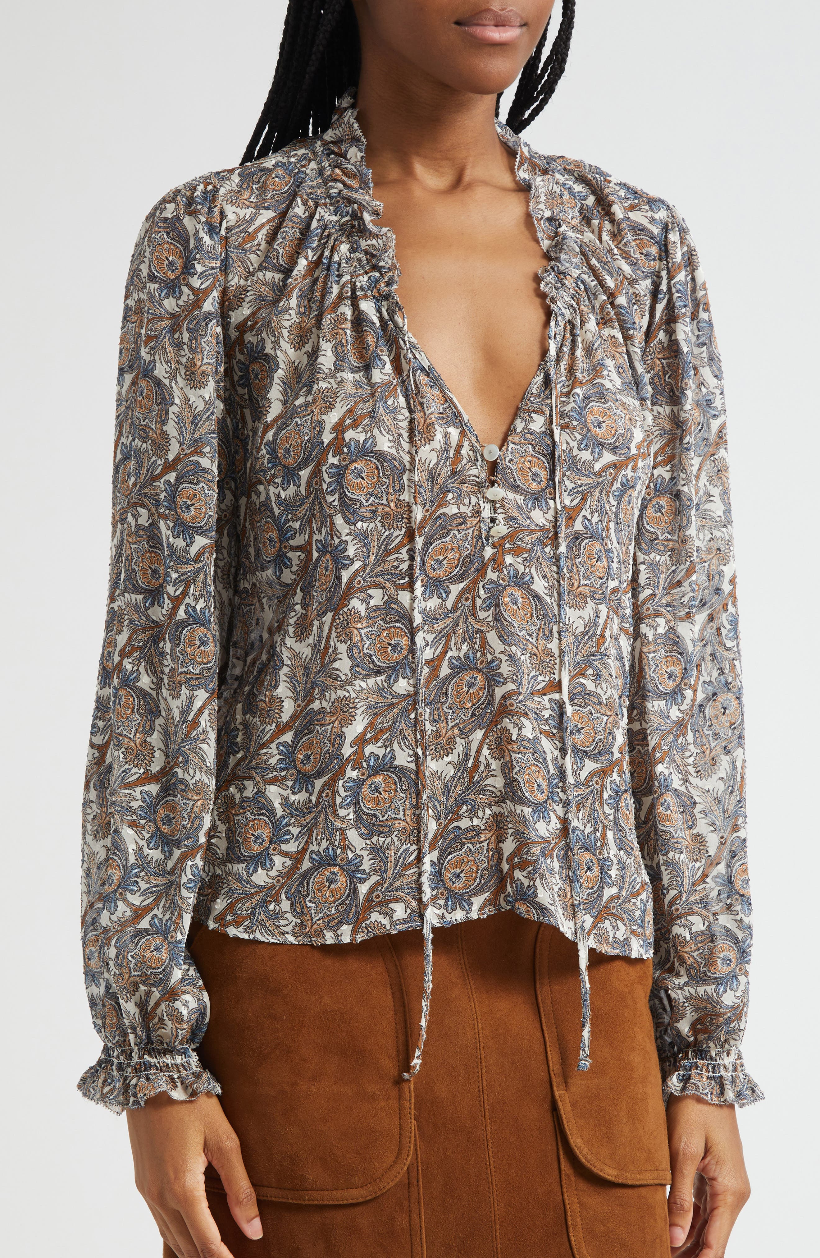 Veronica Beard Hickory Print Tie Neck Silk Blend Shirt in Dove Multi at Nordstrom - 5