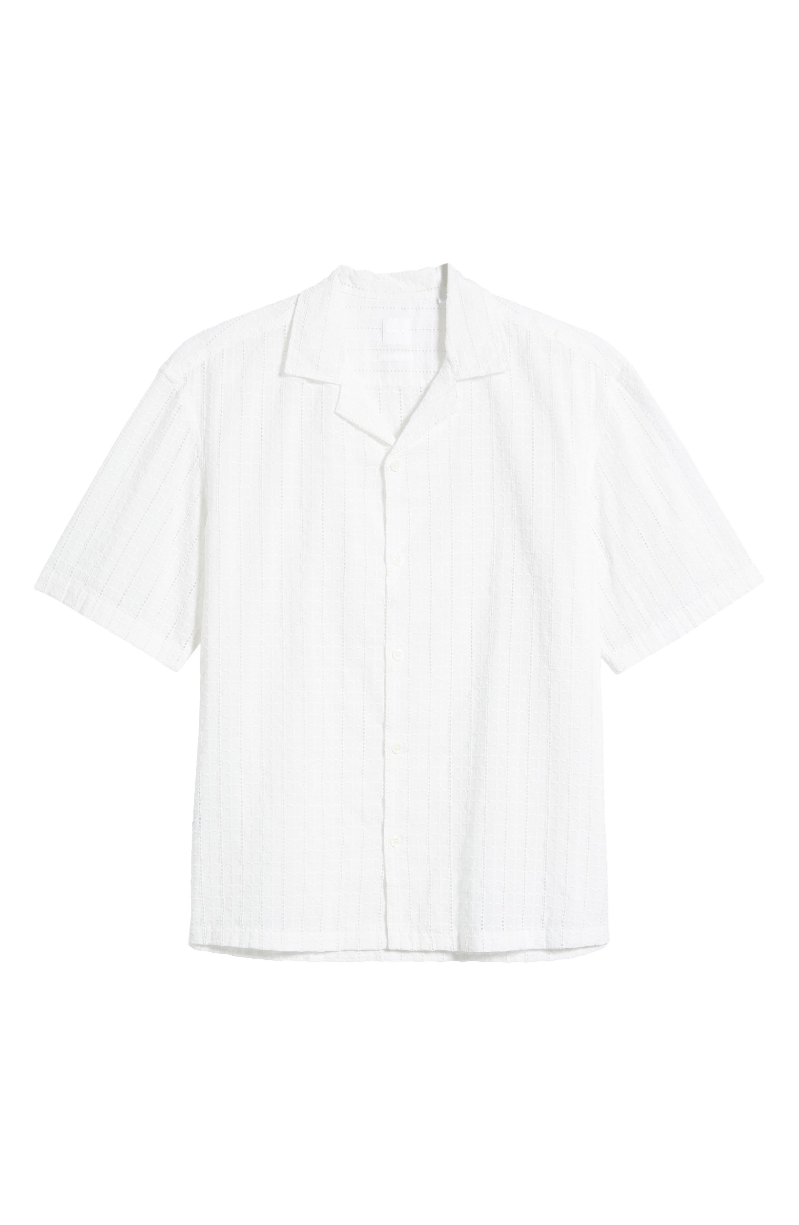 BOSS Lars Pointelle Stripe Camp Shirt in White at Nordstrom - 6