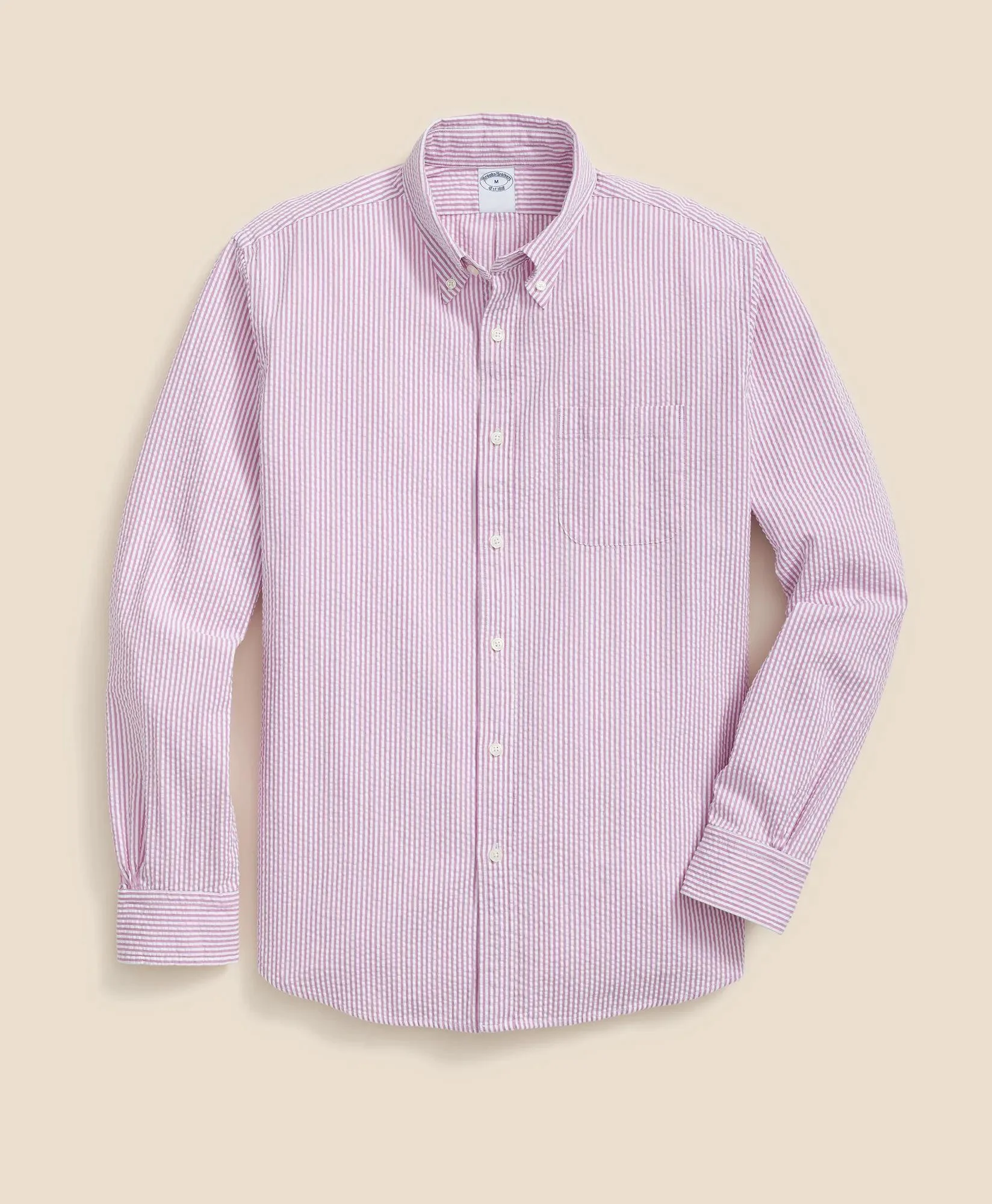 Washed Cotton Seersucker Button-Down Collar, Stripe Sport Shirt - 1