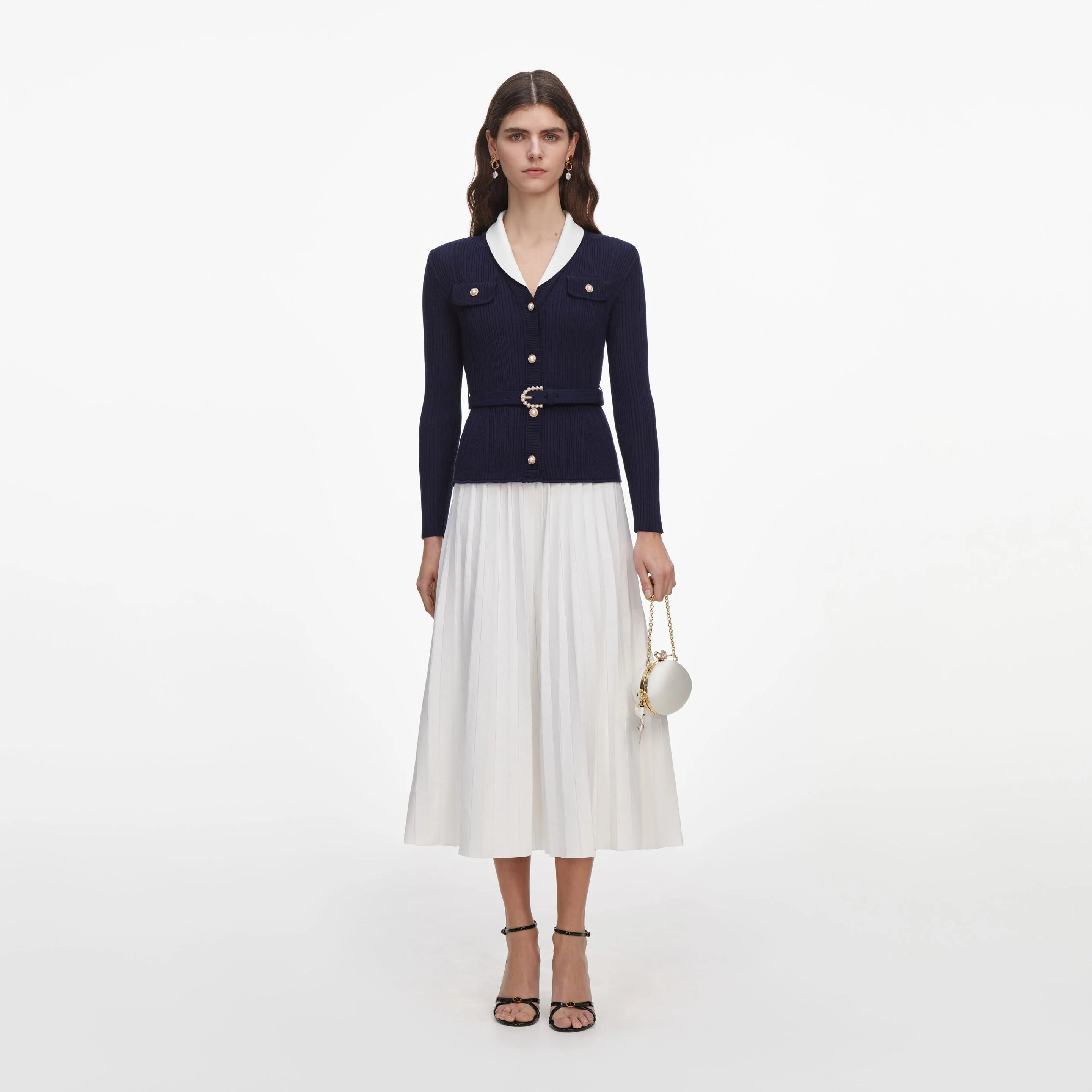 Navy Ribbed Knit Contrast Midi Dress - 1