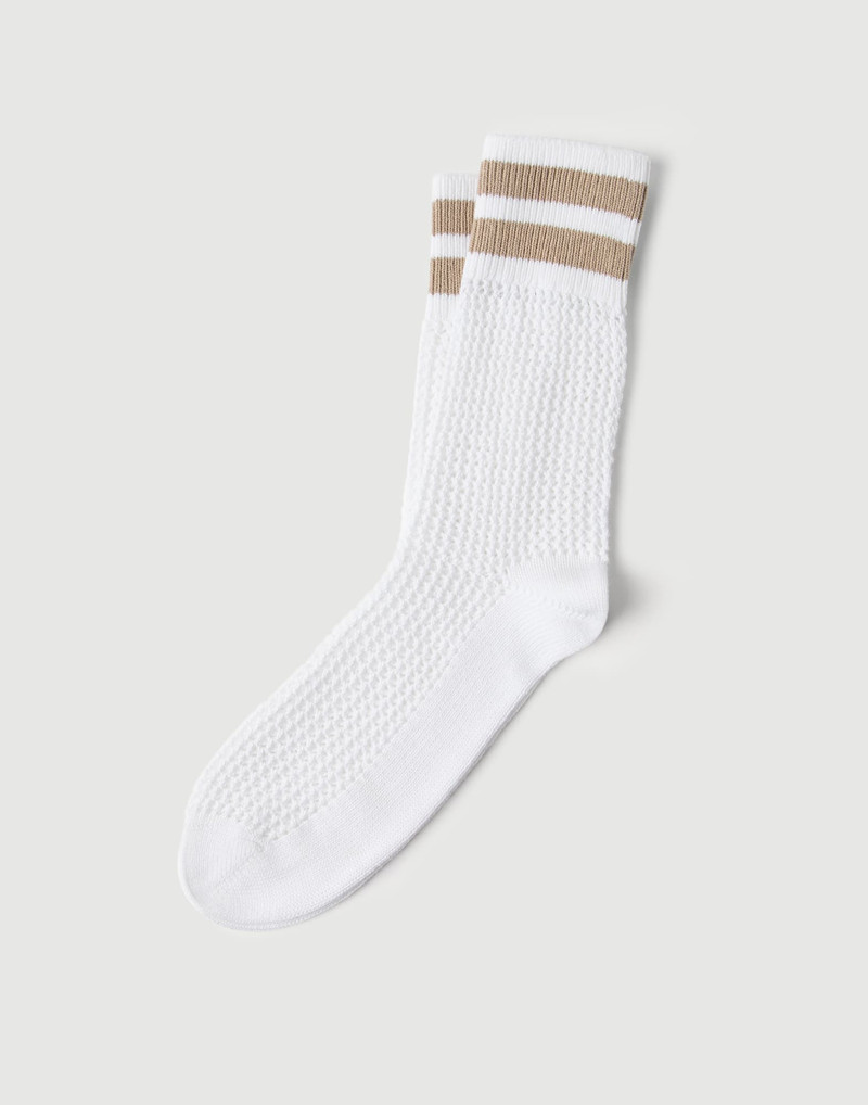 Cotton waffle stitch knit socks with stripes 1