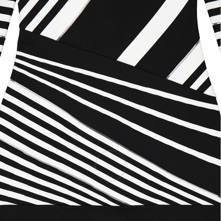 Balmain Ladies Black/White Off-Shoulder Jacquard-Stripe Mini Dress - 8