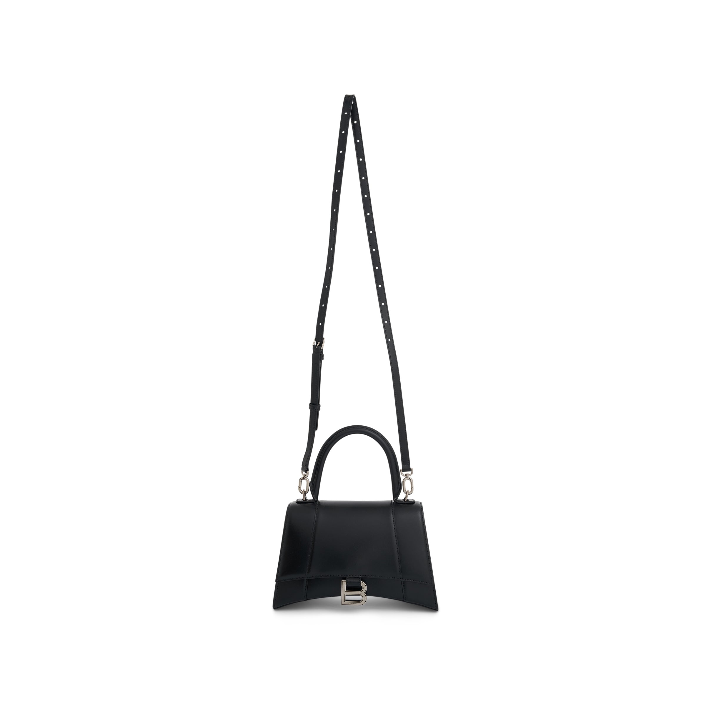 Hourglass XS Handbag in Box Calfskin in Black with Silver Plaque - 5