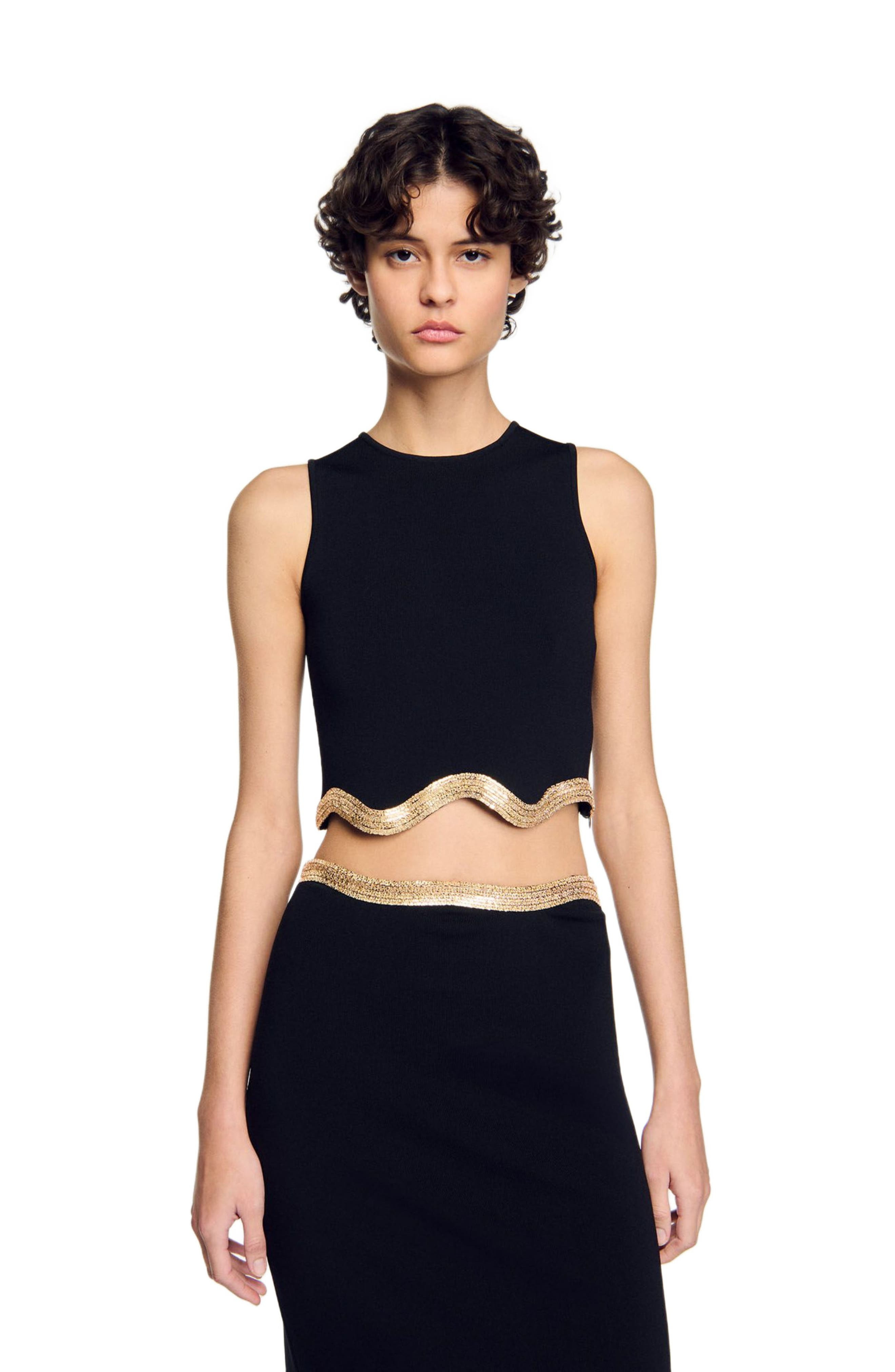 SANDRO Cropped sweater with chain detail in Black at Nordstrom - 4