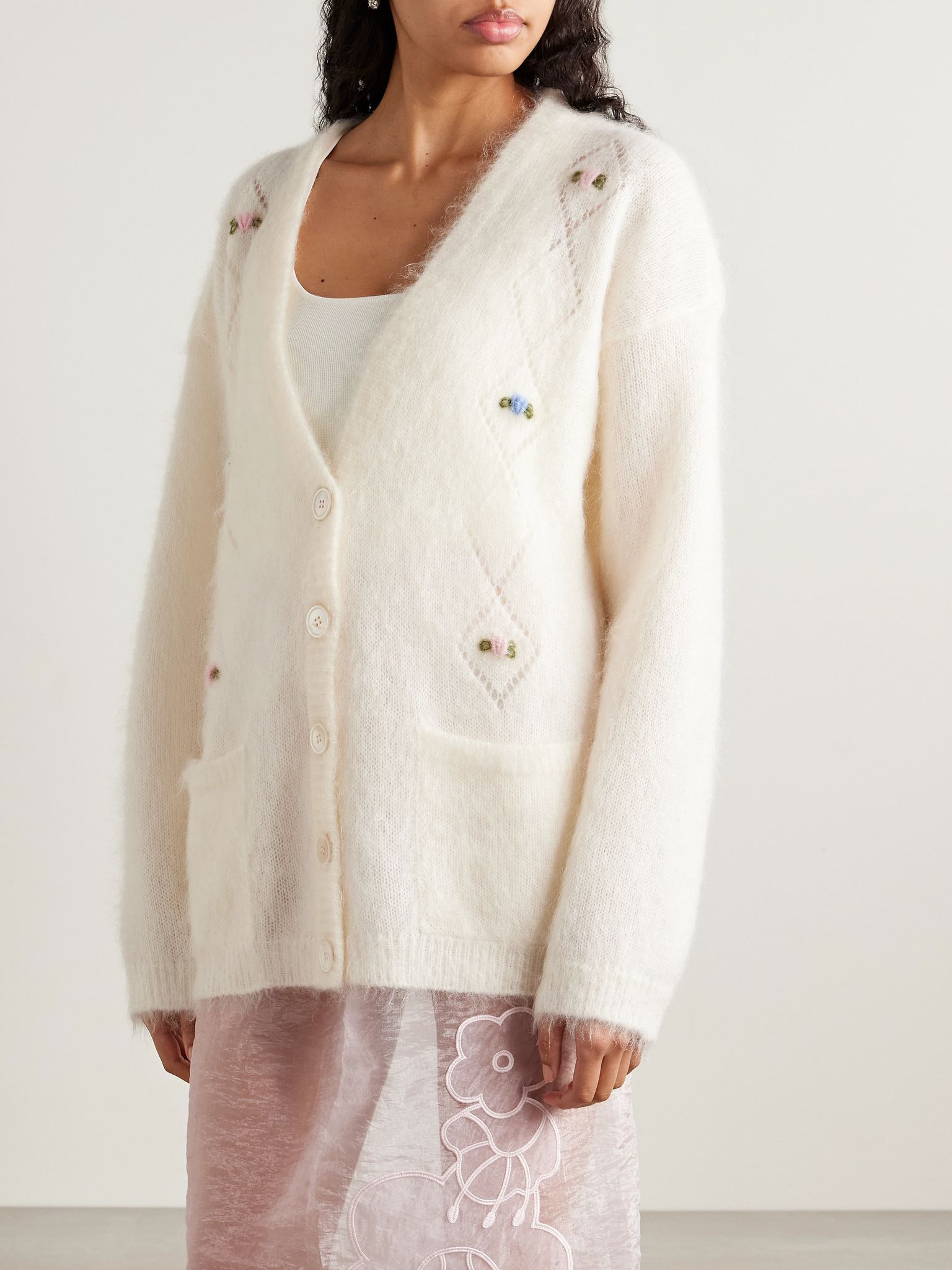 Embroidered pointelle-knit mohair-blend cardigan White - 3