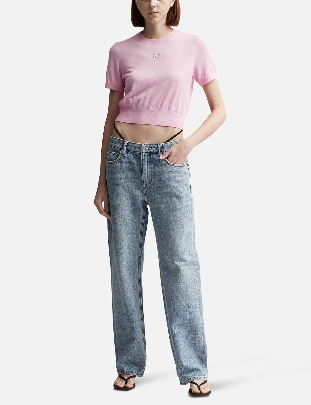 MID-RISE JEANS WITH PRE-STYLED LOGO THONG - 4