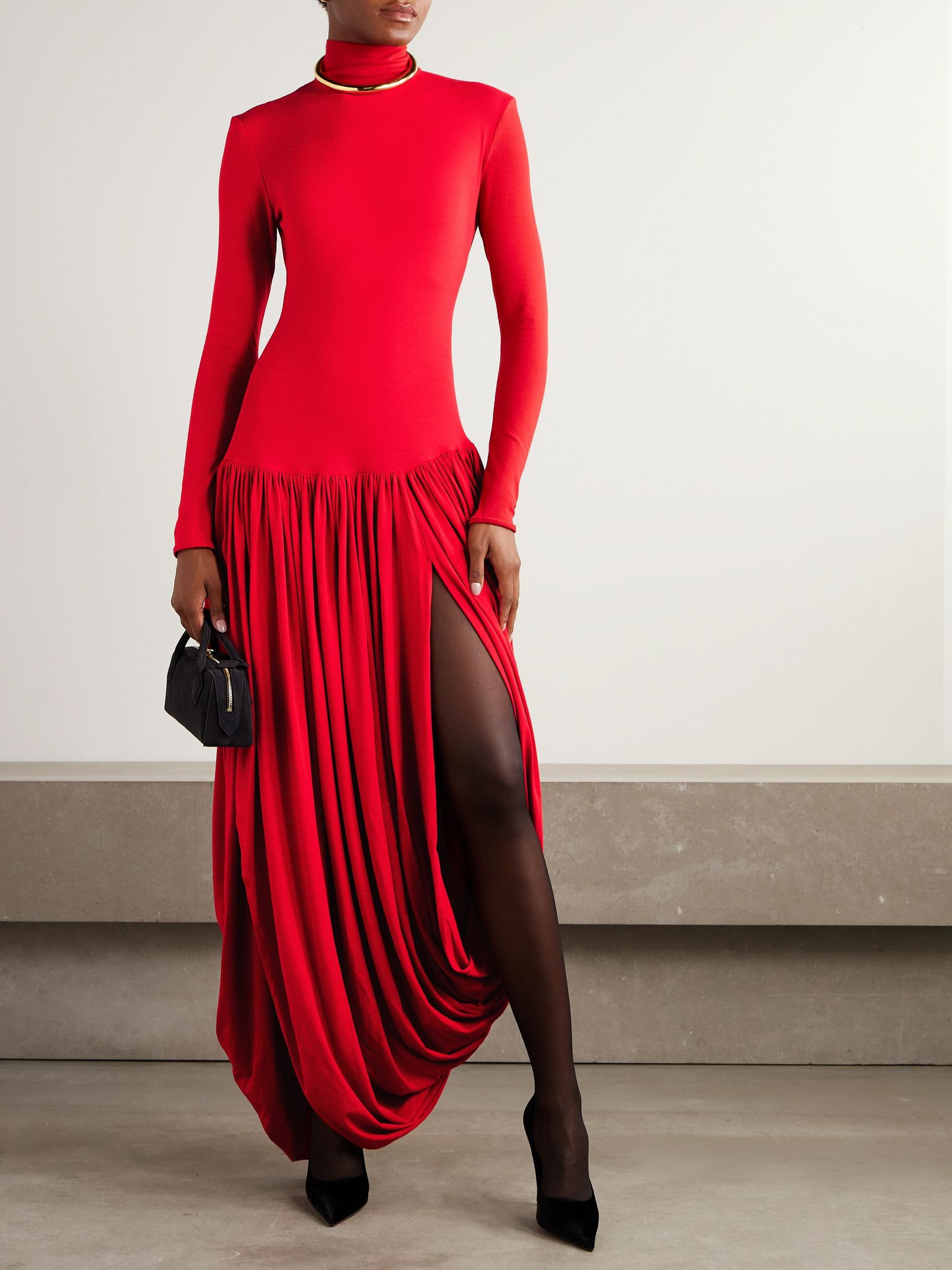 Pleated stretch-crepe midi dress Red - 2