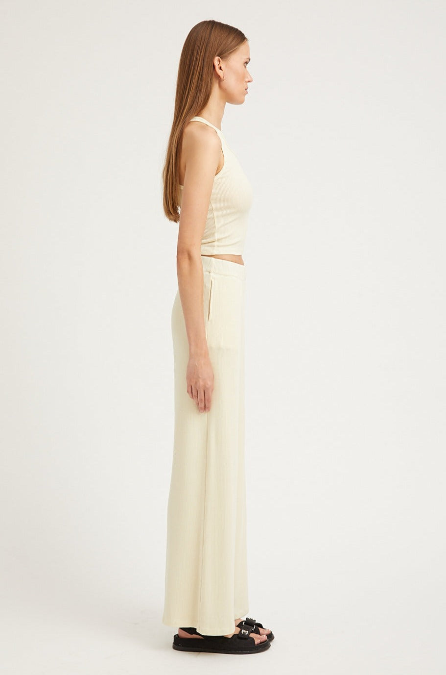 VINTAGE WHITE RIB WIDE LEG PANTS - 2