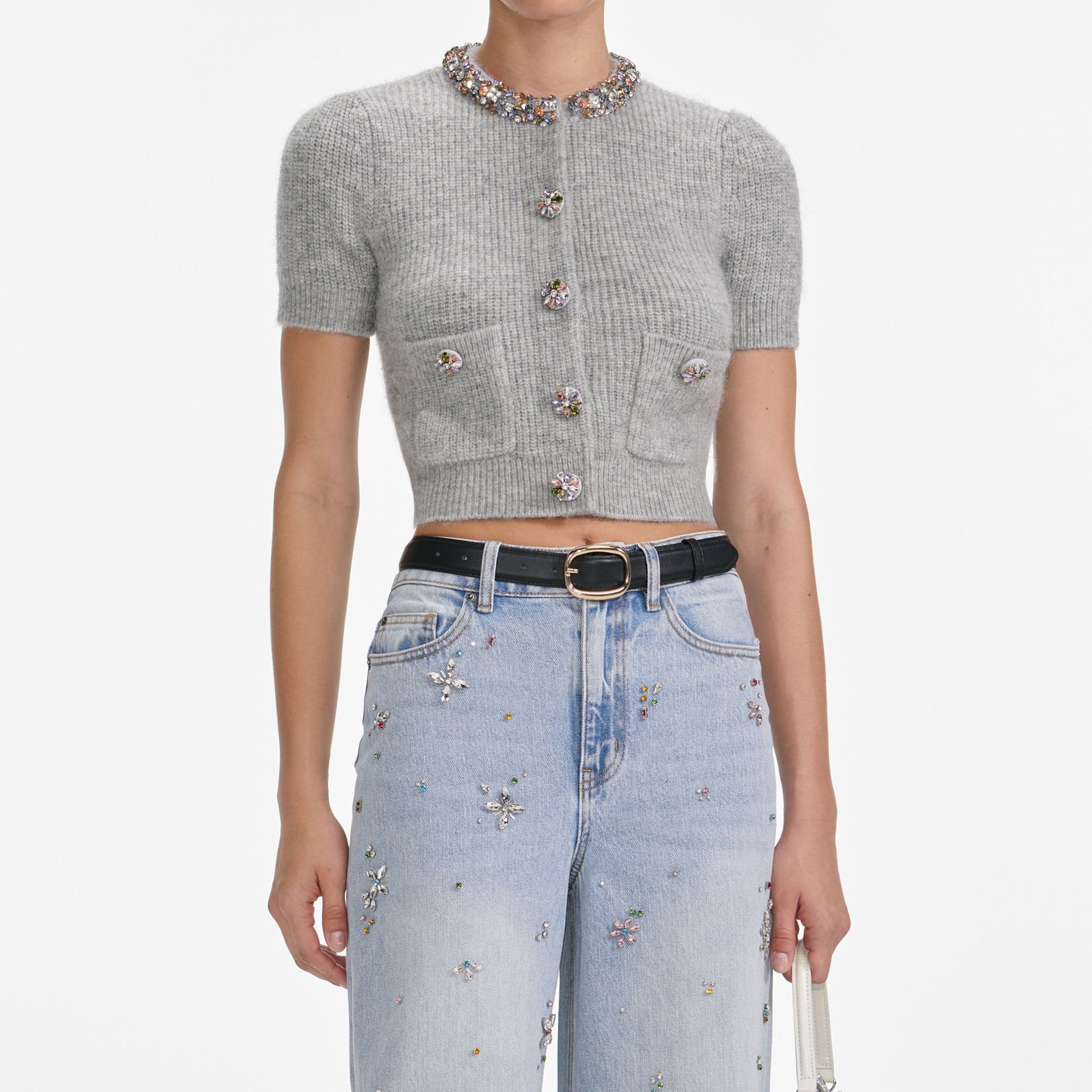 Grey Embellished Trim Knit Top - 4