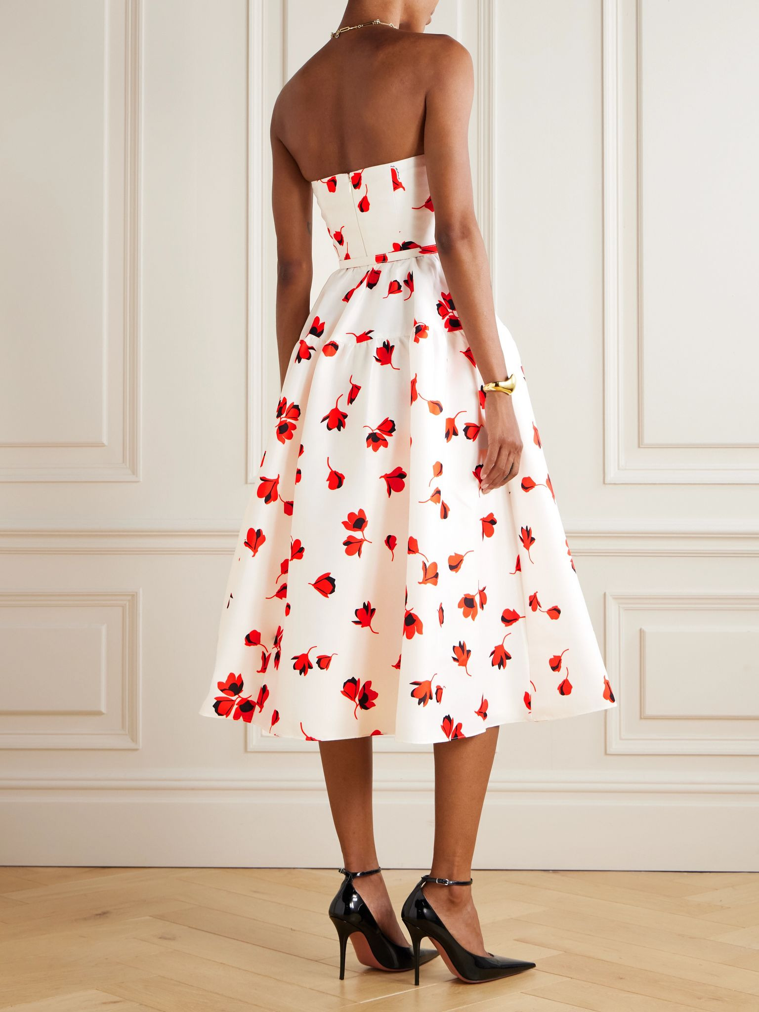 Strapless belted ruched floral-print taffeta midi dress White - 3