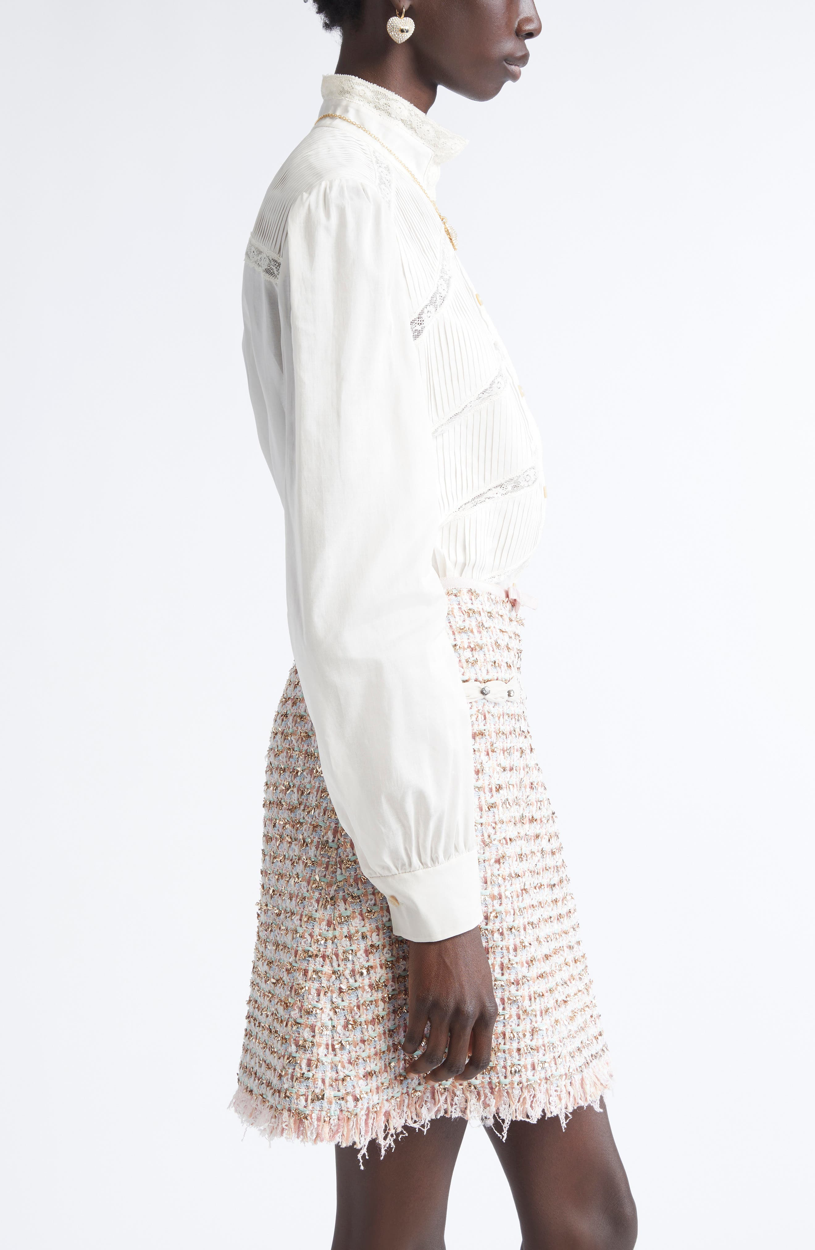Valentino Garavani Lace Inset Silk Organza Shirt in Sand at Nordstrom - 4