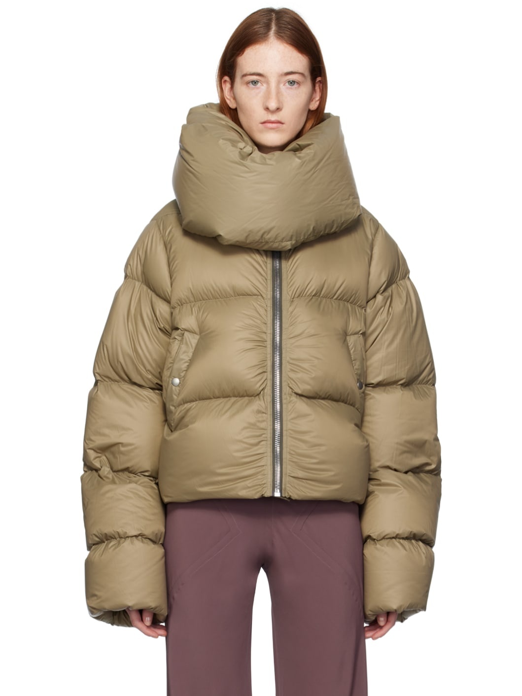 Green Funnel Neck Down Jacket - 1