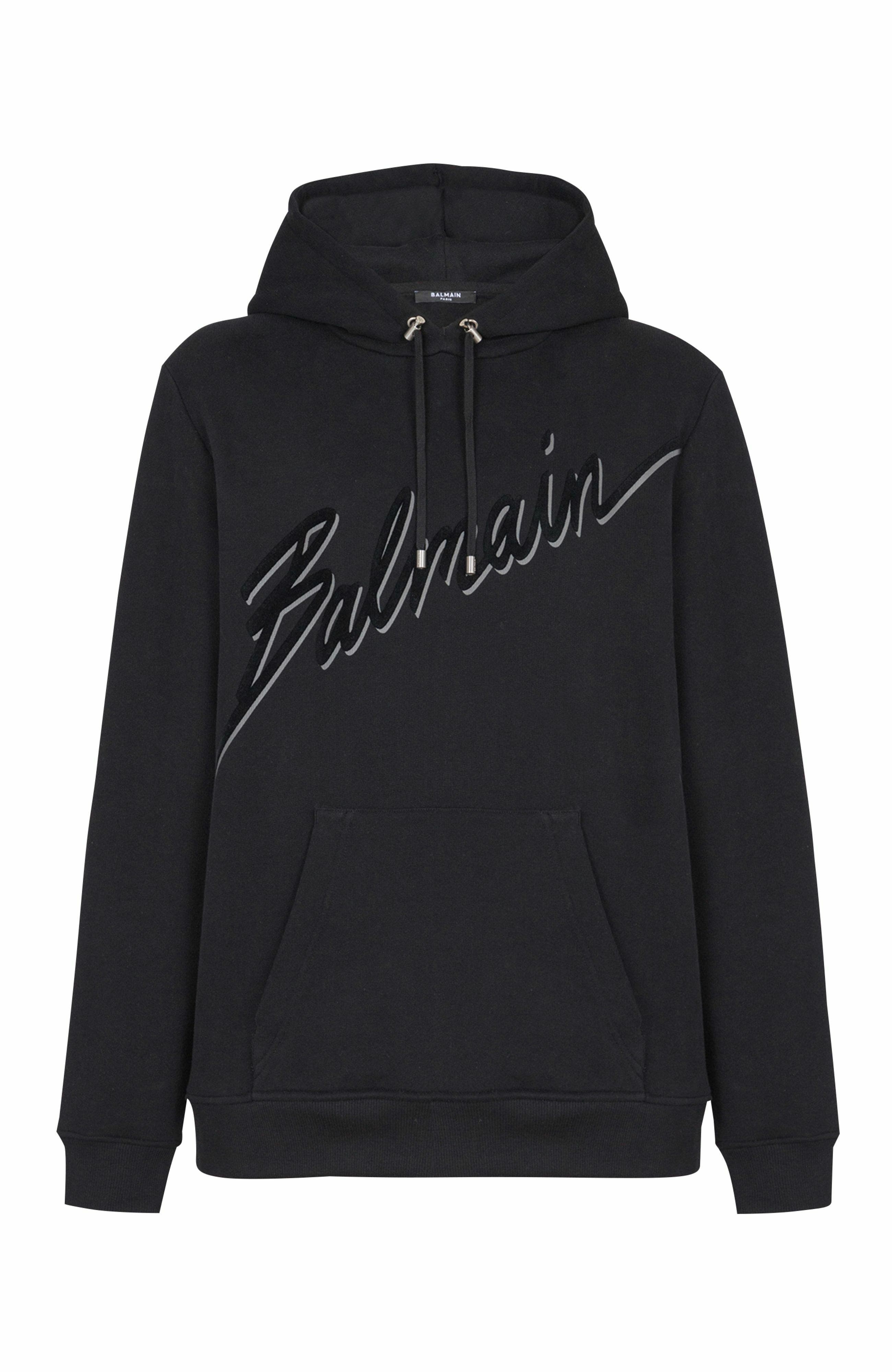 Flocked Balmain Letter hoodie in Black at Nordstrom - 1