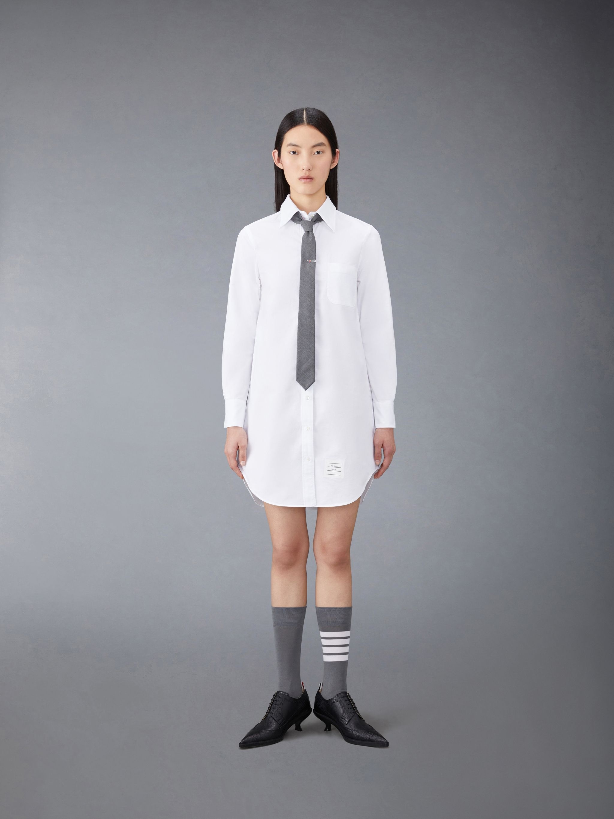 THIGH LENGTH POINT COLLAR SHIRTDRESS W/ RWB GROSGRAIN PLACKET IN OXFORD - 5