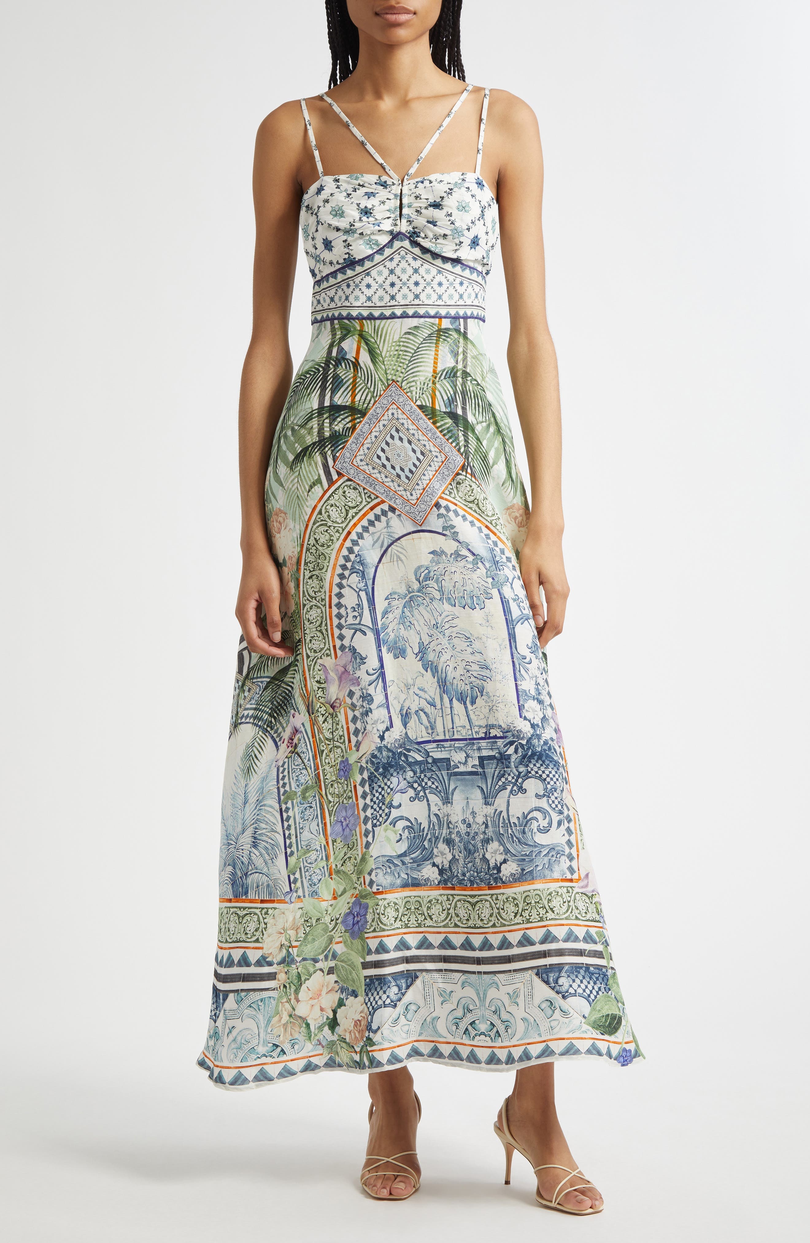 Camilla Strap Detail Linen & Silk Maxi Dress in Jardim Party at Nordstrom - 1