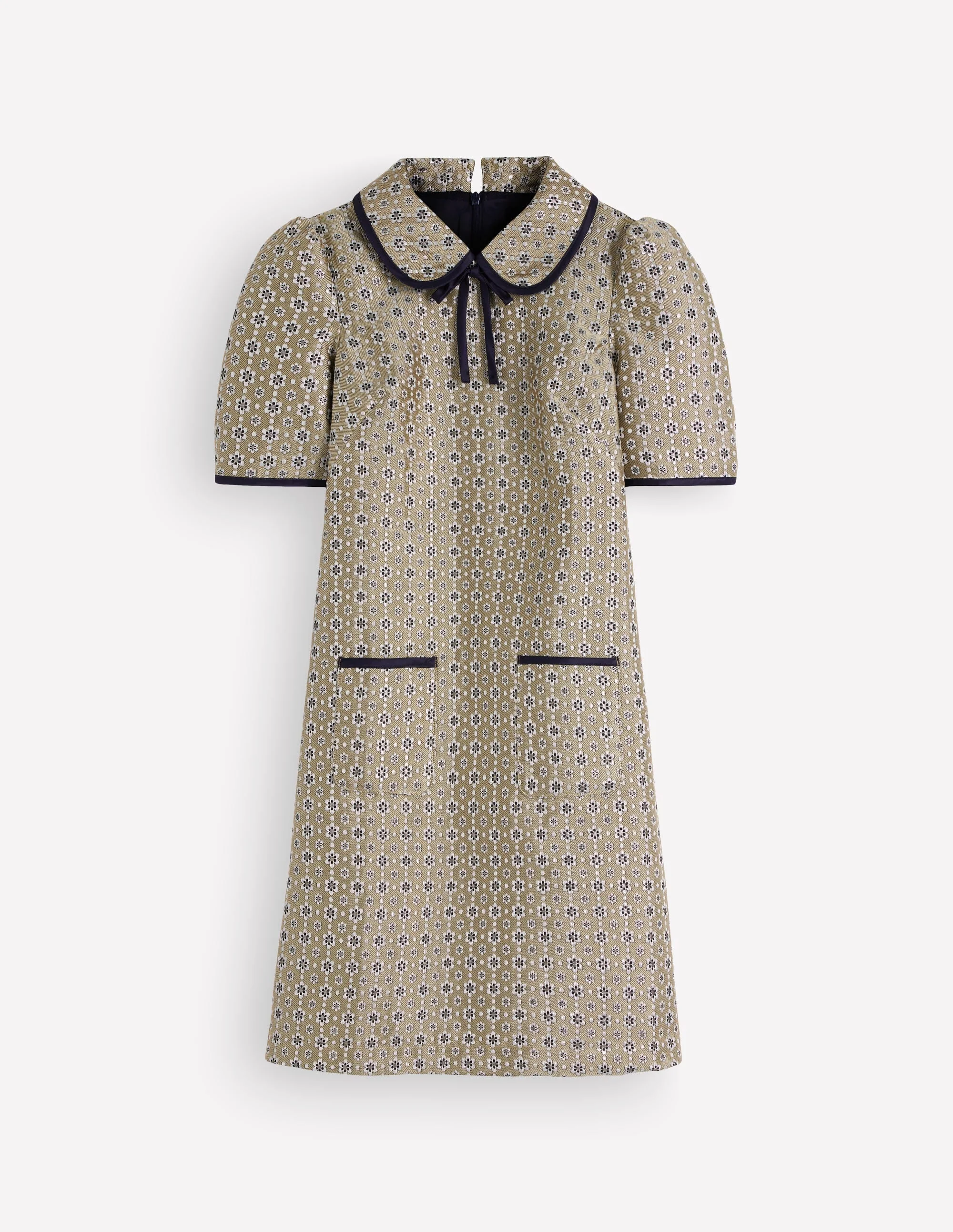 Bow Detail Pocket Shift Dress-Gold Jacquard - 1
