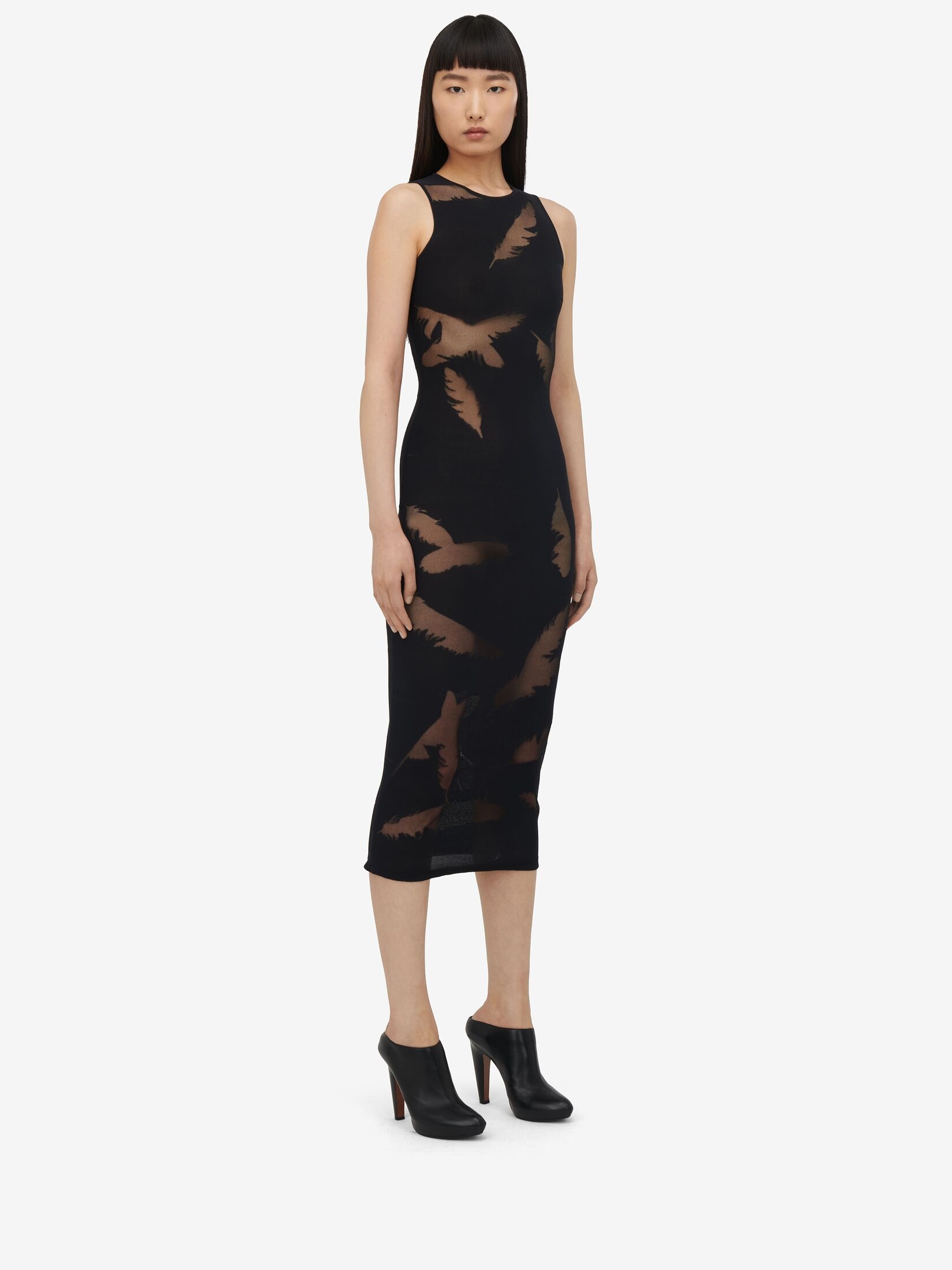 Women's Feather Intarsia Pencil Dress in Black - 3