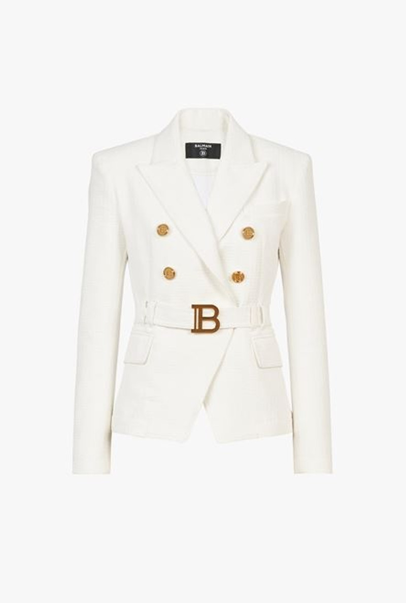 Double-breasted white cotton blazer with Balmain buckle 1