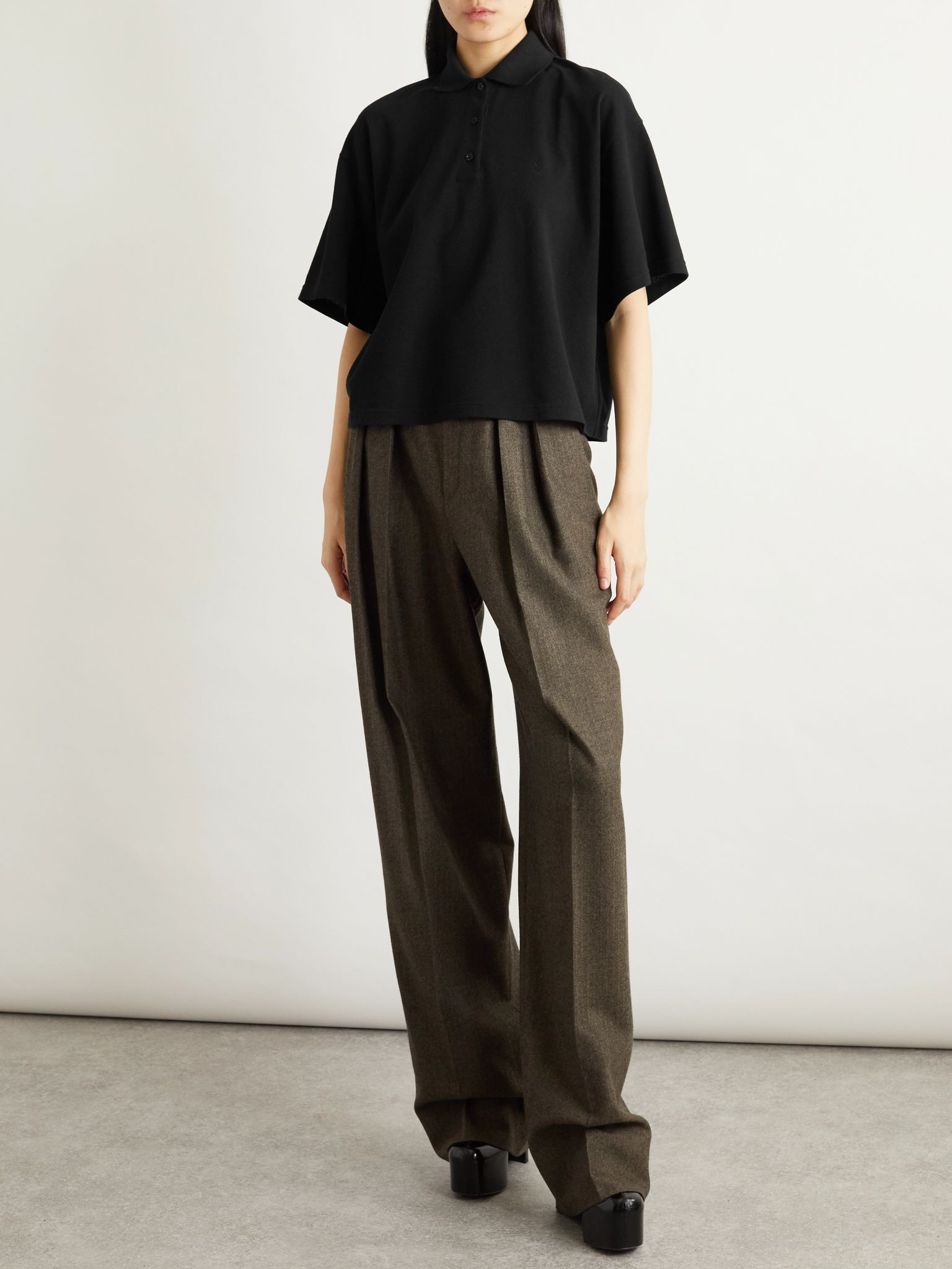 Oversized cotton-blend piqué polo top Black - 2